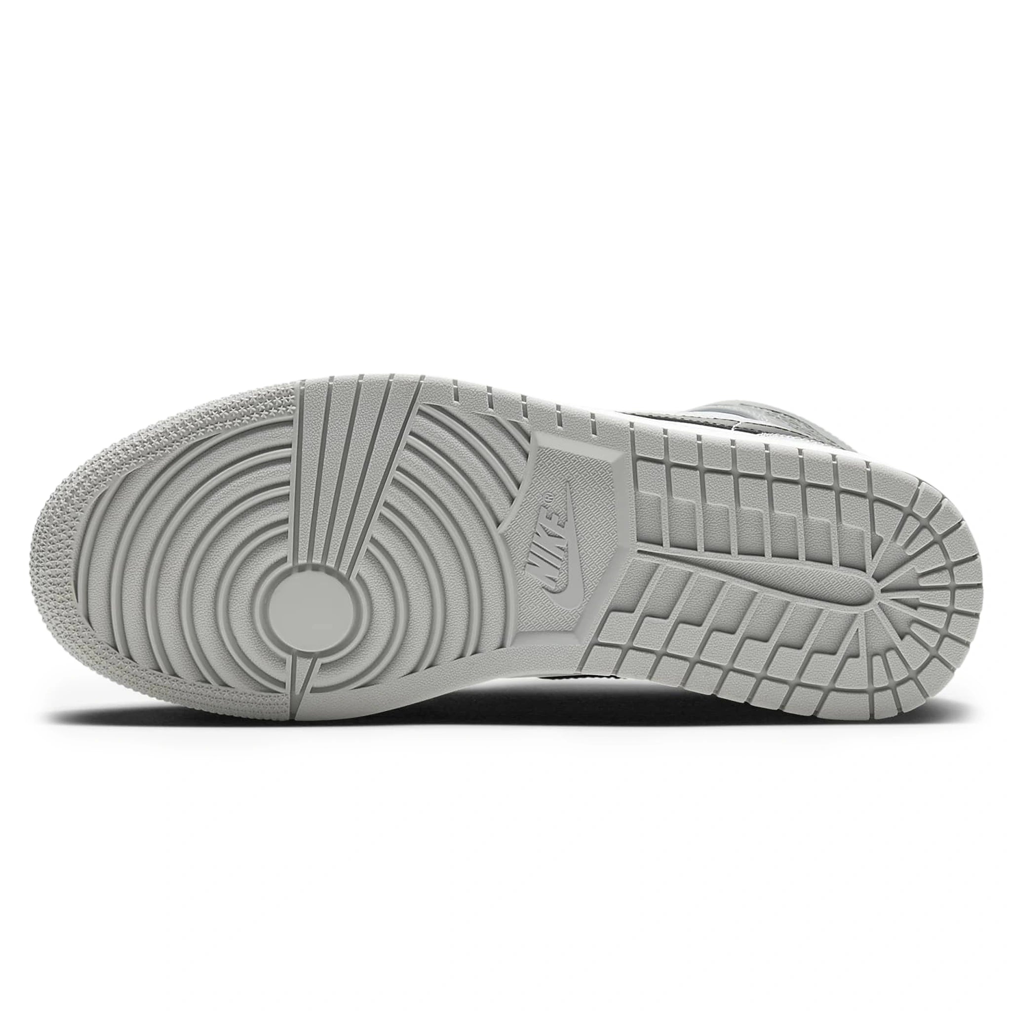 Sole view of Air Jordan 1 Mid Light Smoke Grey 554724-092
