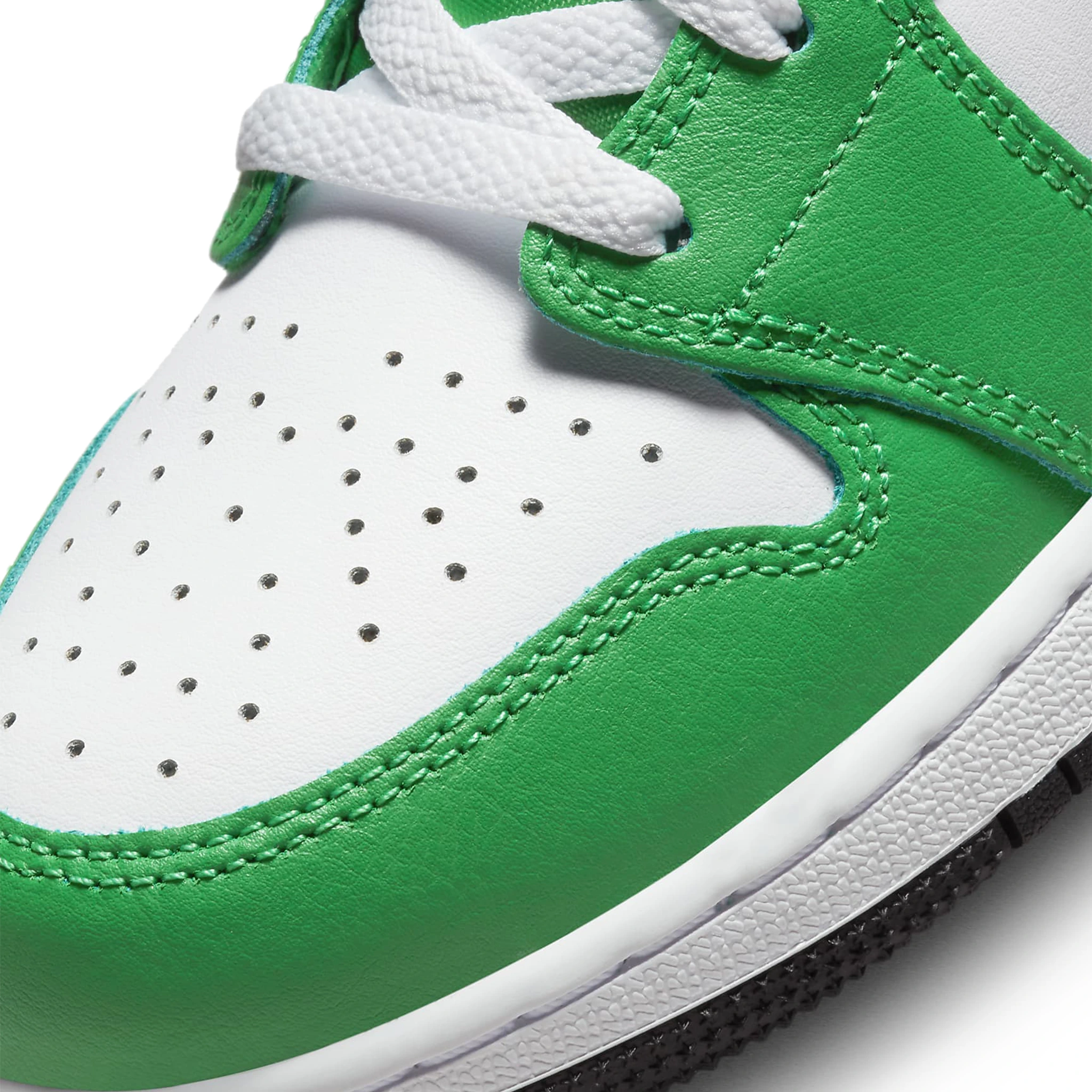 Toe box view of Air Jordan 1 Mid Lucky Green (GS) DQ8423-301