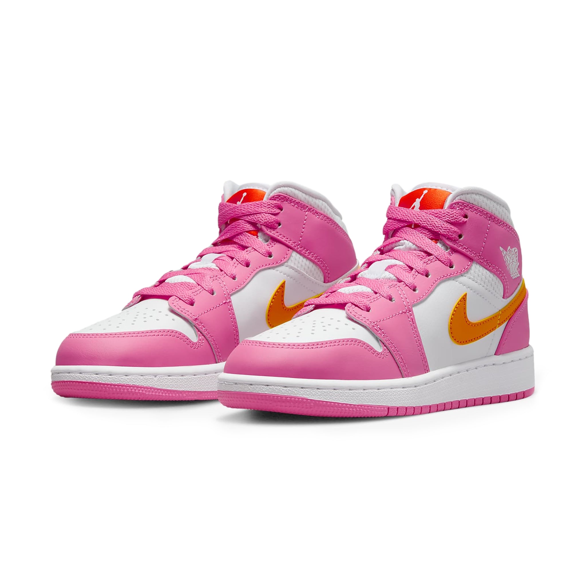 Front side view Air Jordan 1 Mid Pinksickle Safety Orange (GS) DX3240-681