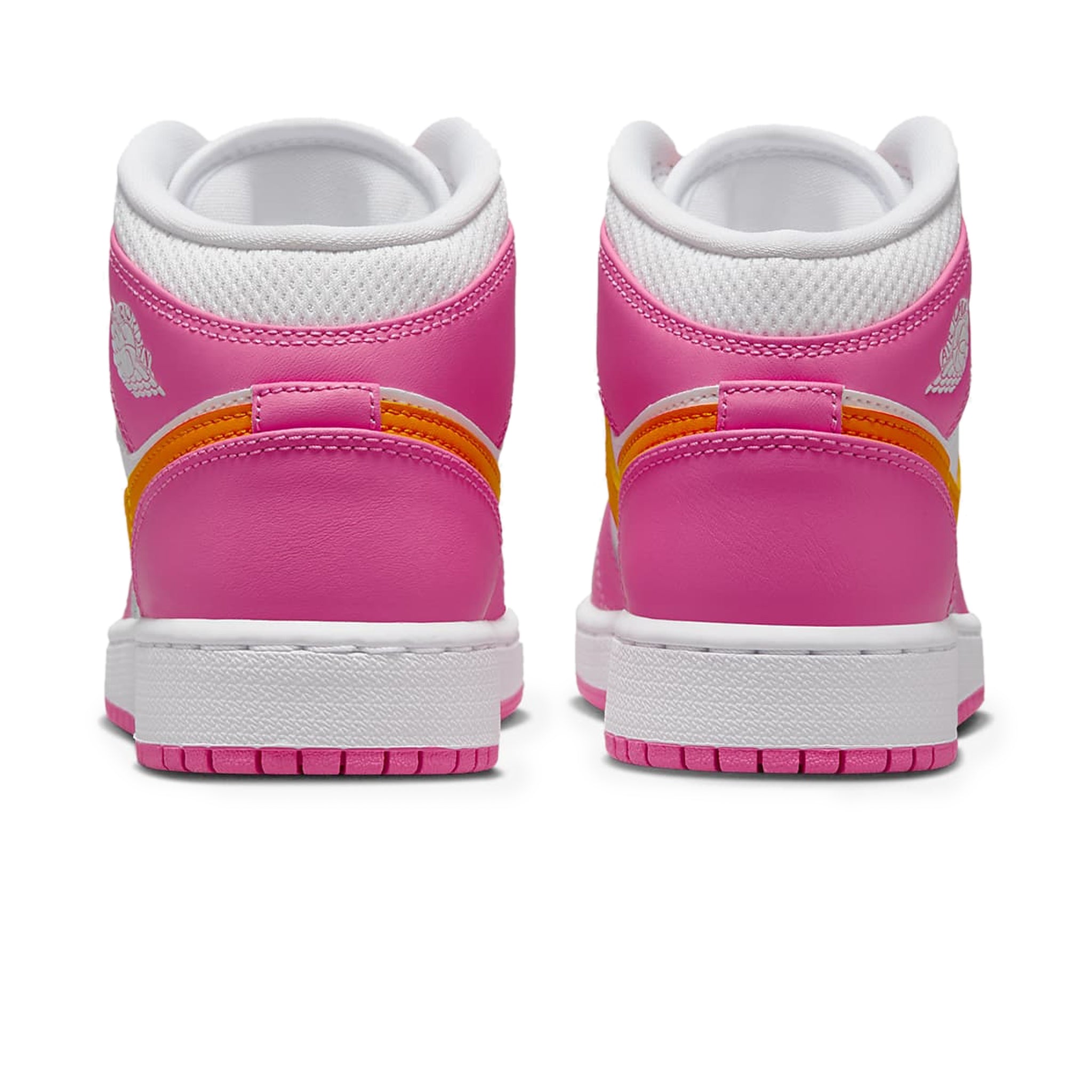 Heel view Air Jordan 1 Mid Pinksickle Safety Orange (GS) DX3240-681