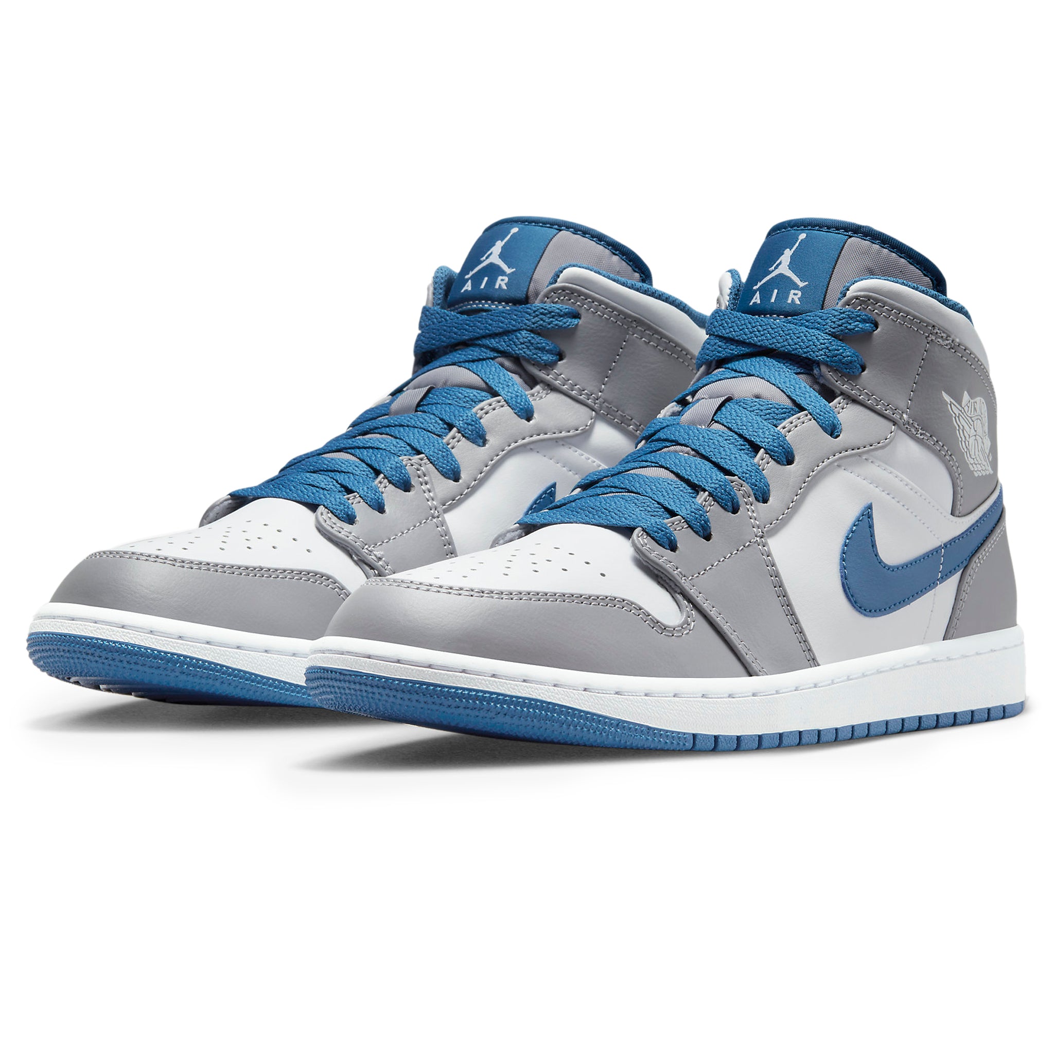 Front side view of Air Jordan 1 Mid True Blue Cement DQ8426-014