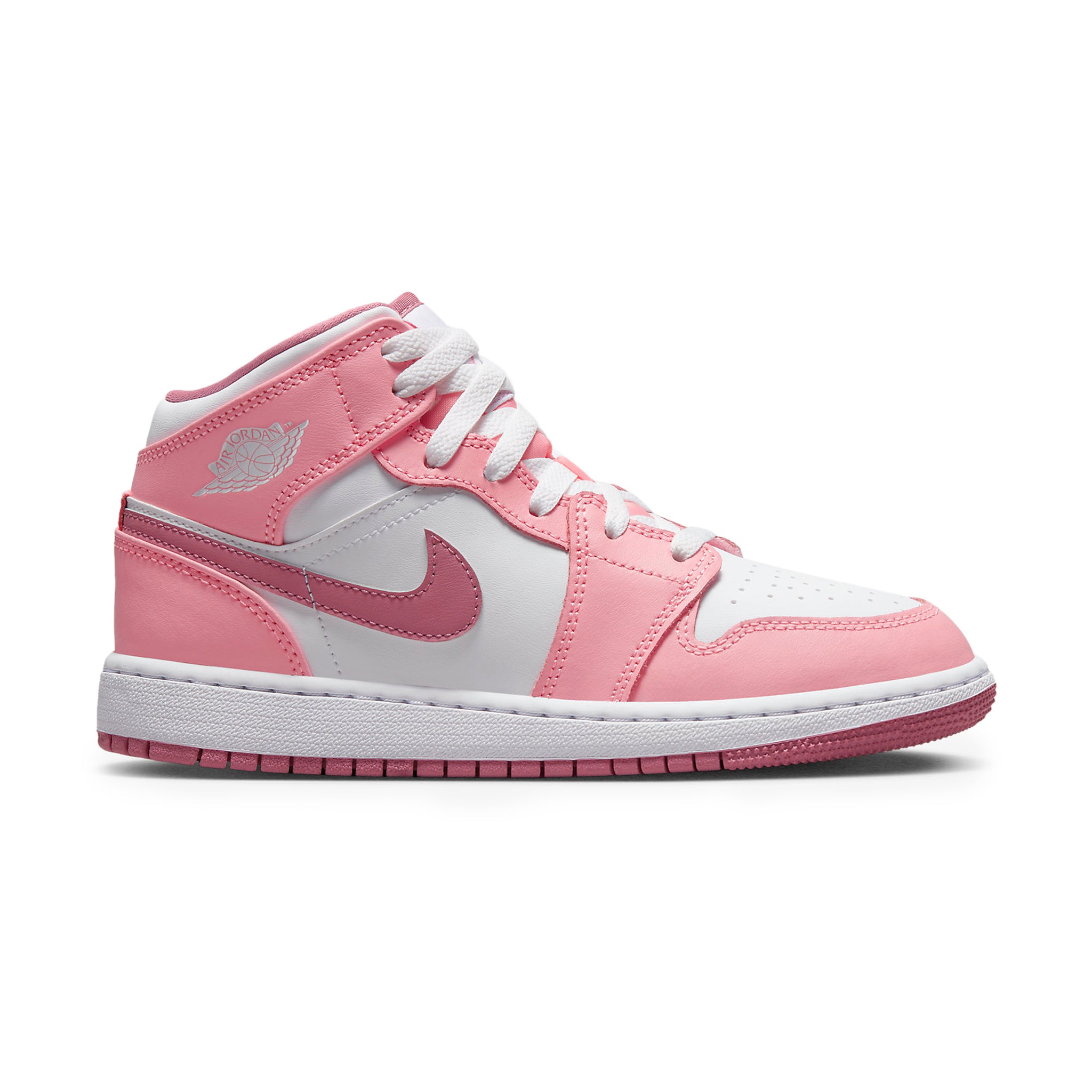 Side view of Air Wmns Air into jordan 1 Mid 'Wolf Grey Aluminum' BQ6472 105 Valentine's Day (2023) (GS) DQ8423-616