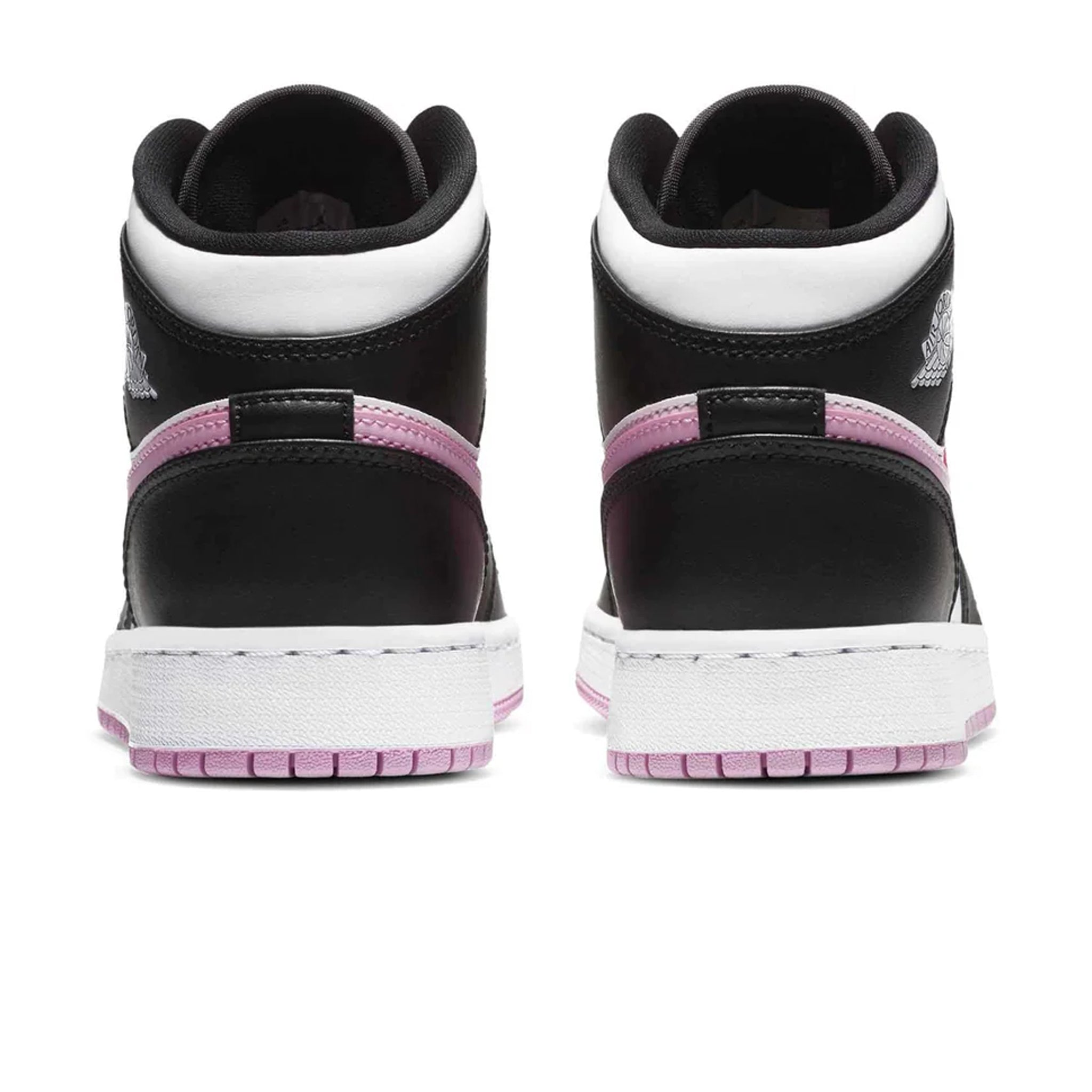 Heel view of Air Jordan 1 Mid White Arctic Pink (GS) 555112-103