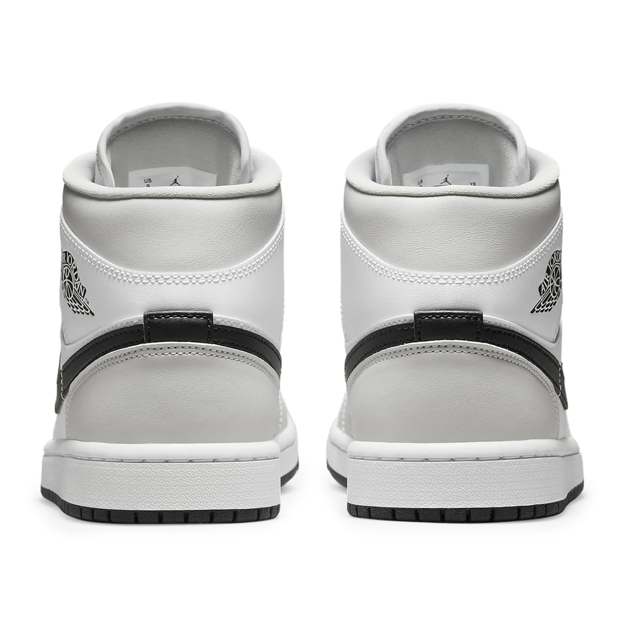 Heel view of Air Jordan 1 Mid White Light Smoke Grey (W) BQ6472-015