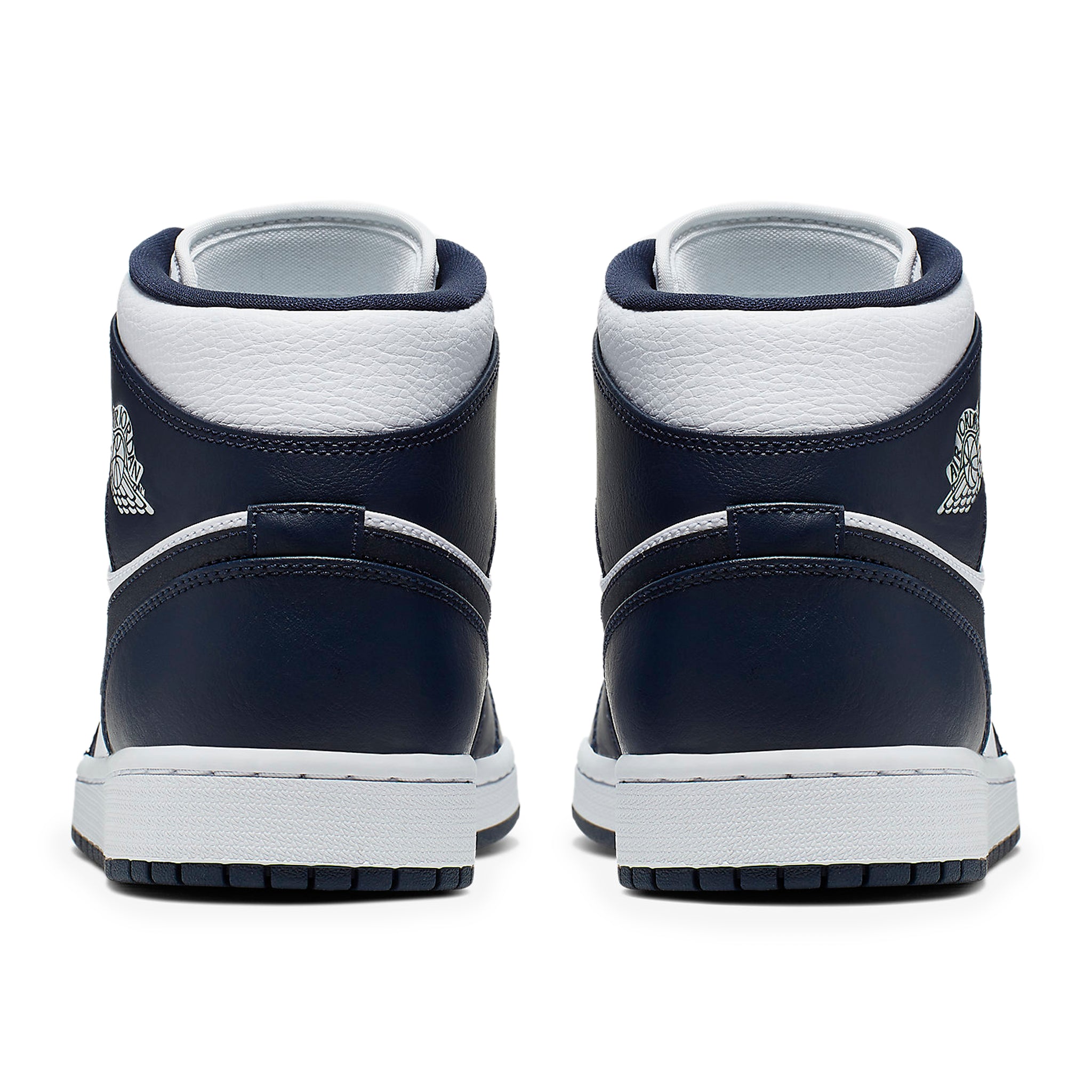 Heel view of Air Jordan 1 Mid White Metallic Gold Obsidian 554724-174