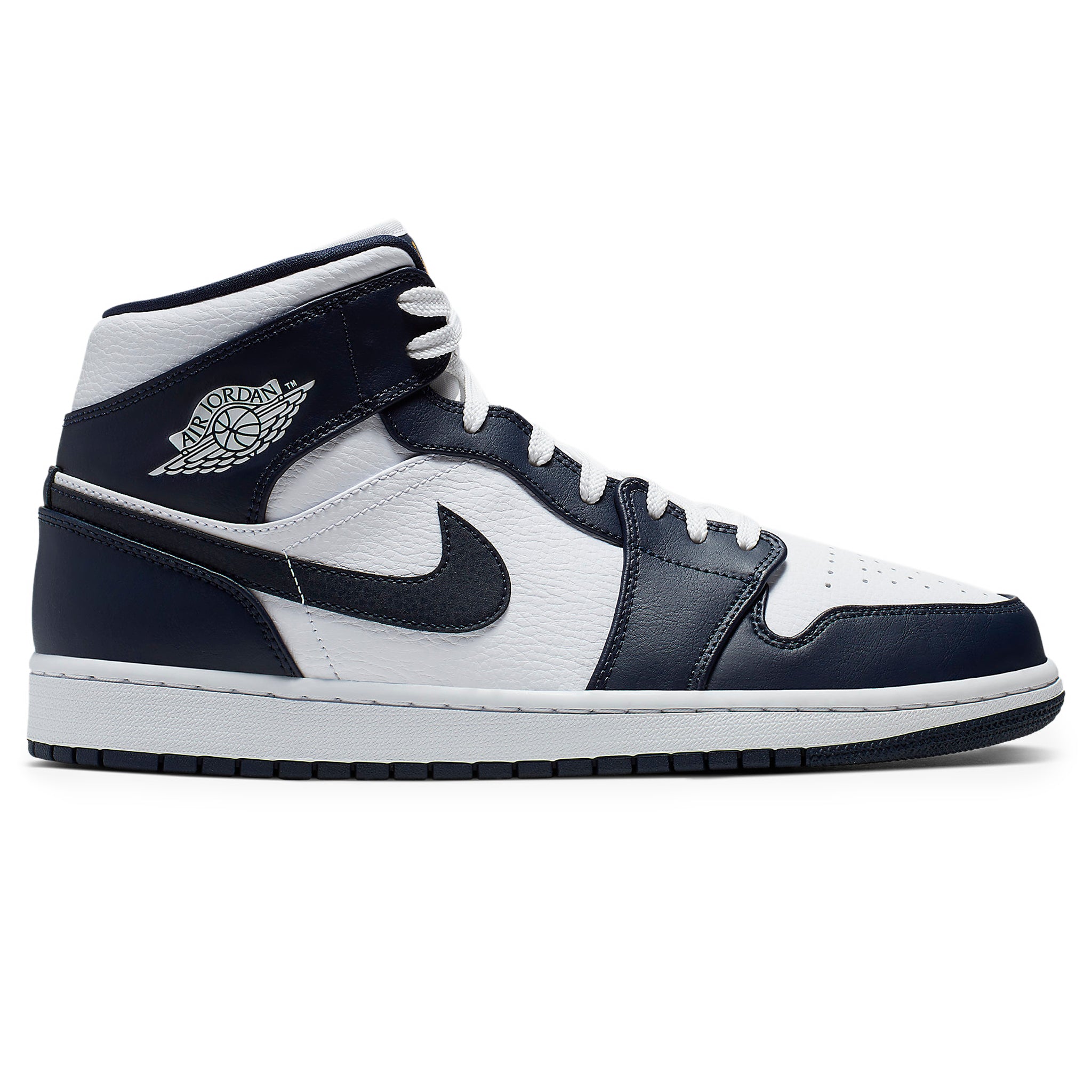 Side view of Air Jordan 1 Mid White Metallic Gold Obsidian 554724-174
