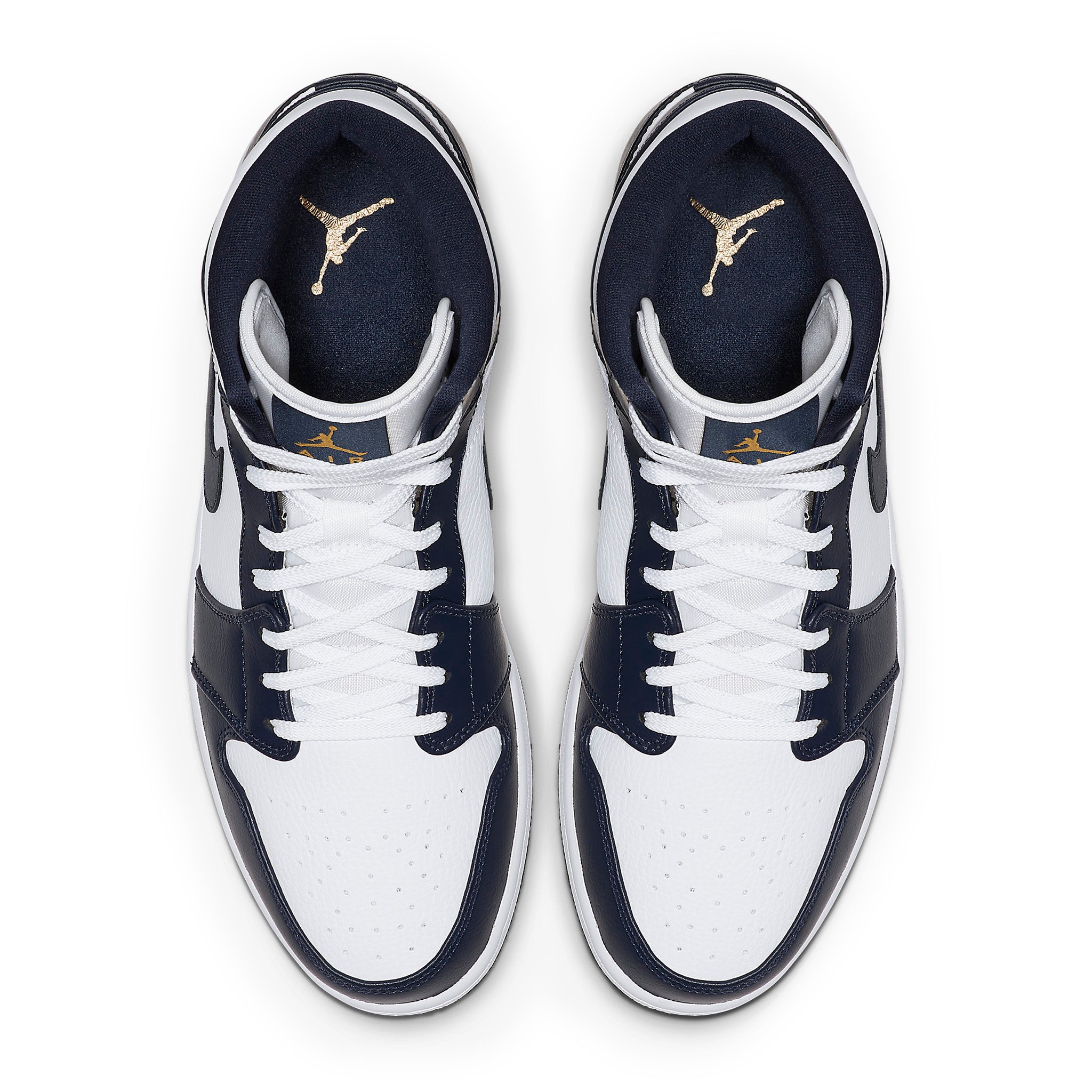 Top down view of Air Jordan 1 Mid White Metallic Gold Obsidian 554724-174