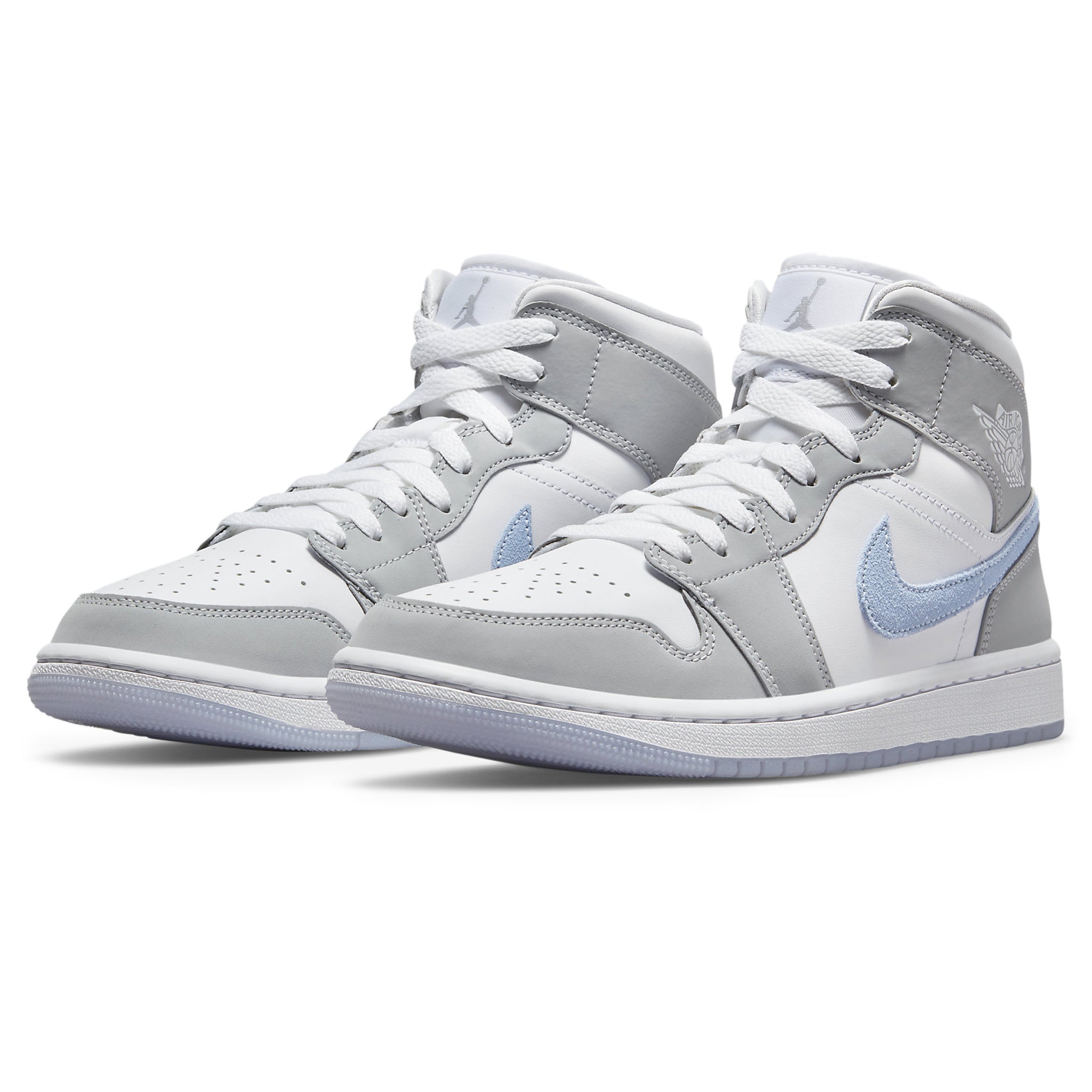 Front side view of Air Jordan 1 Mid Wolf Grey Blue (W) BQ6472-105