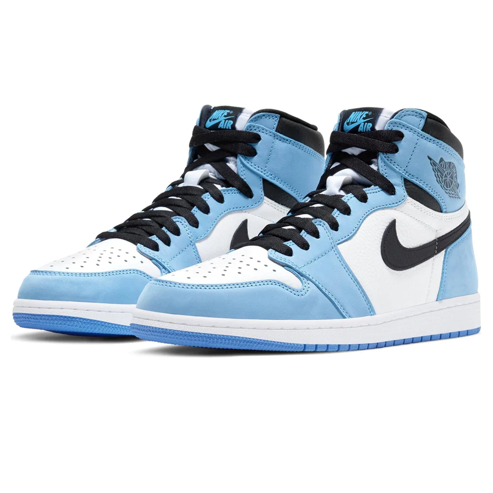 Front side view of Air Jordan 1 Retro High White UNC University Blue Black 555088-134