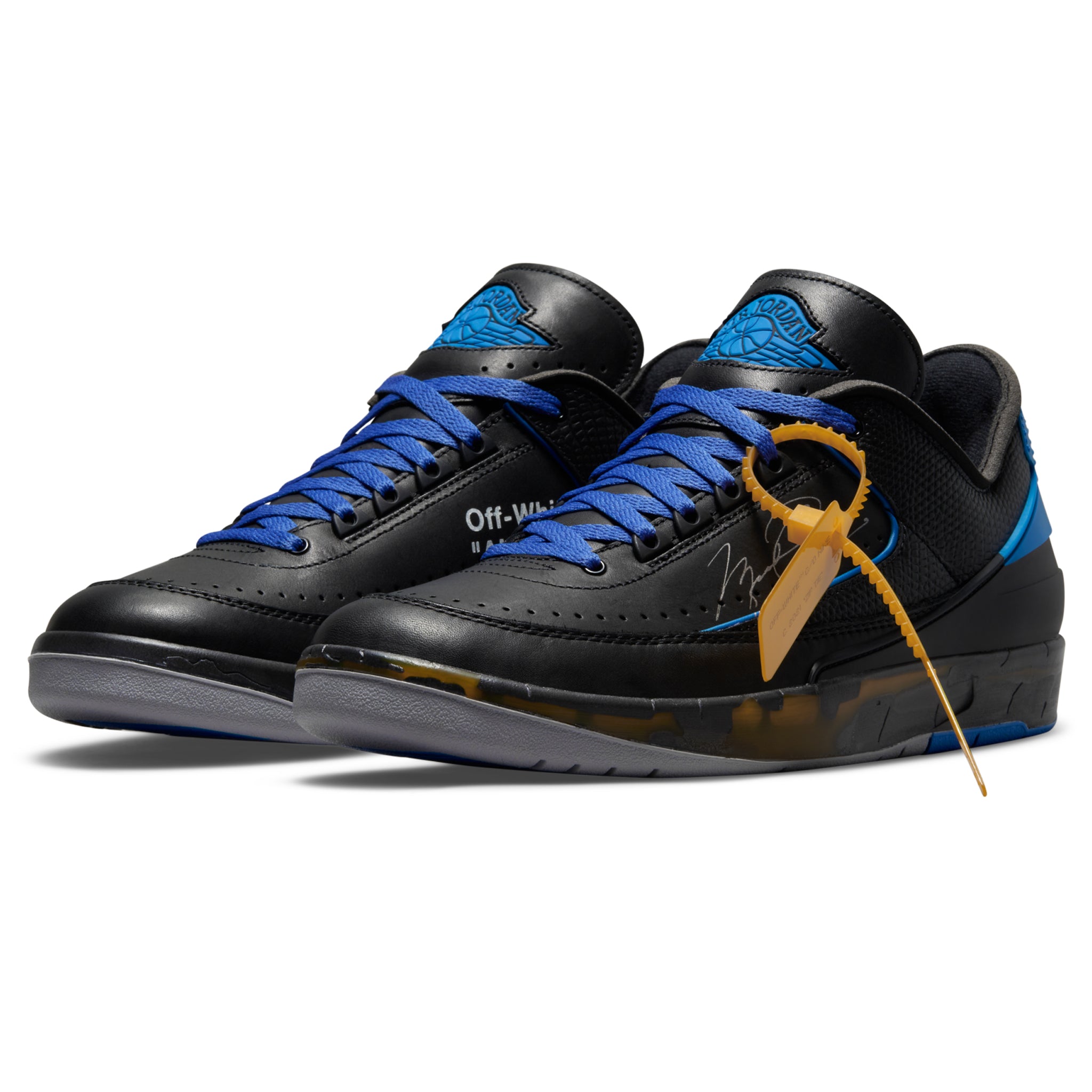 Front side view of Air Jordan 2 X Off-White Retro Low Black Blue DJ4375-004