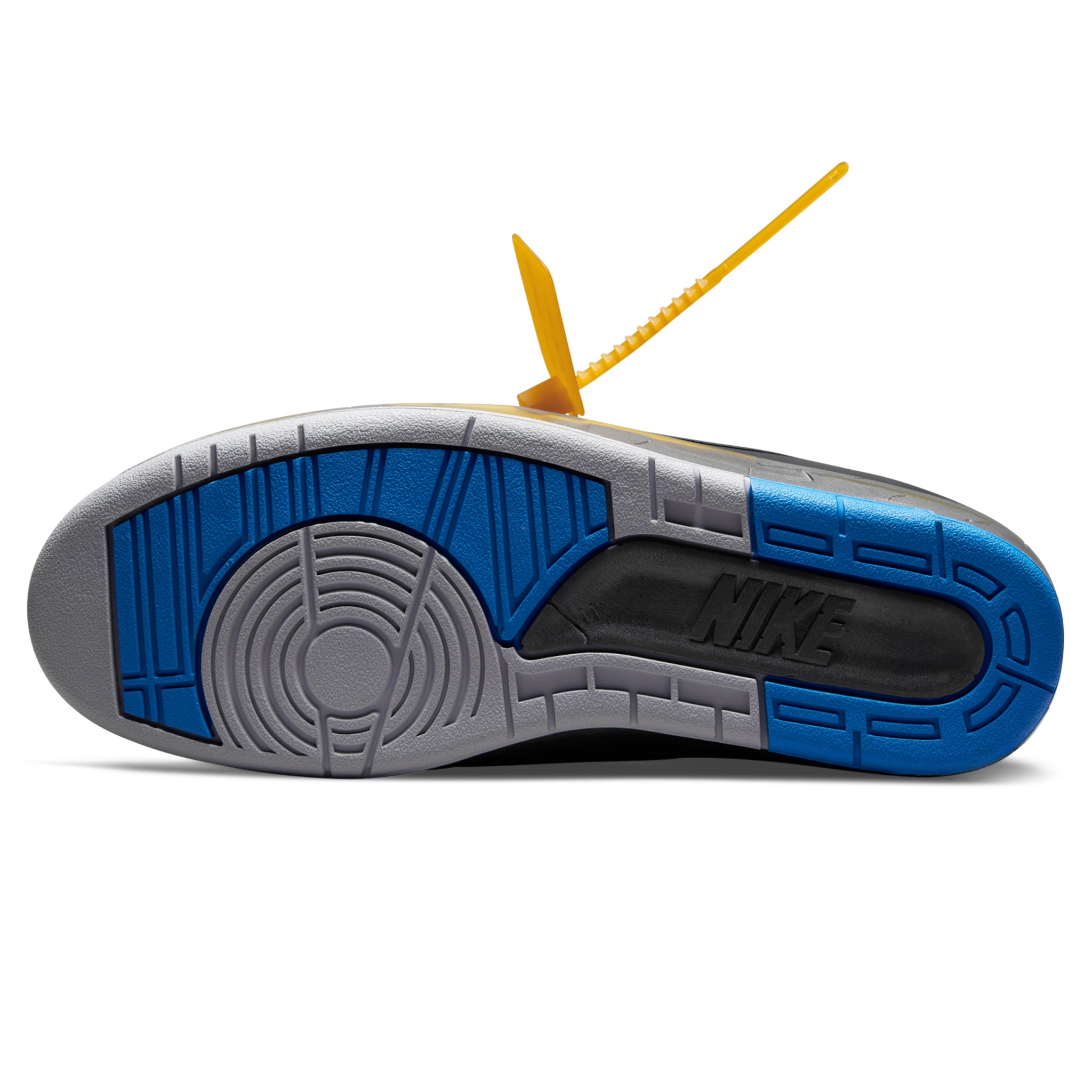 Sole view of Air Jordan 2 X Off-White Retro Low Black Blue DJ4375-004