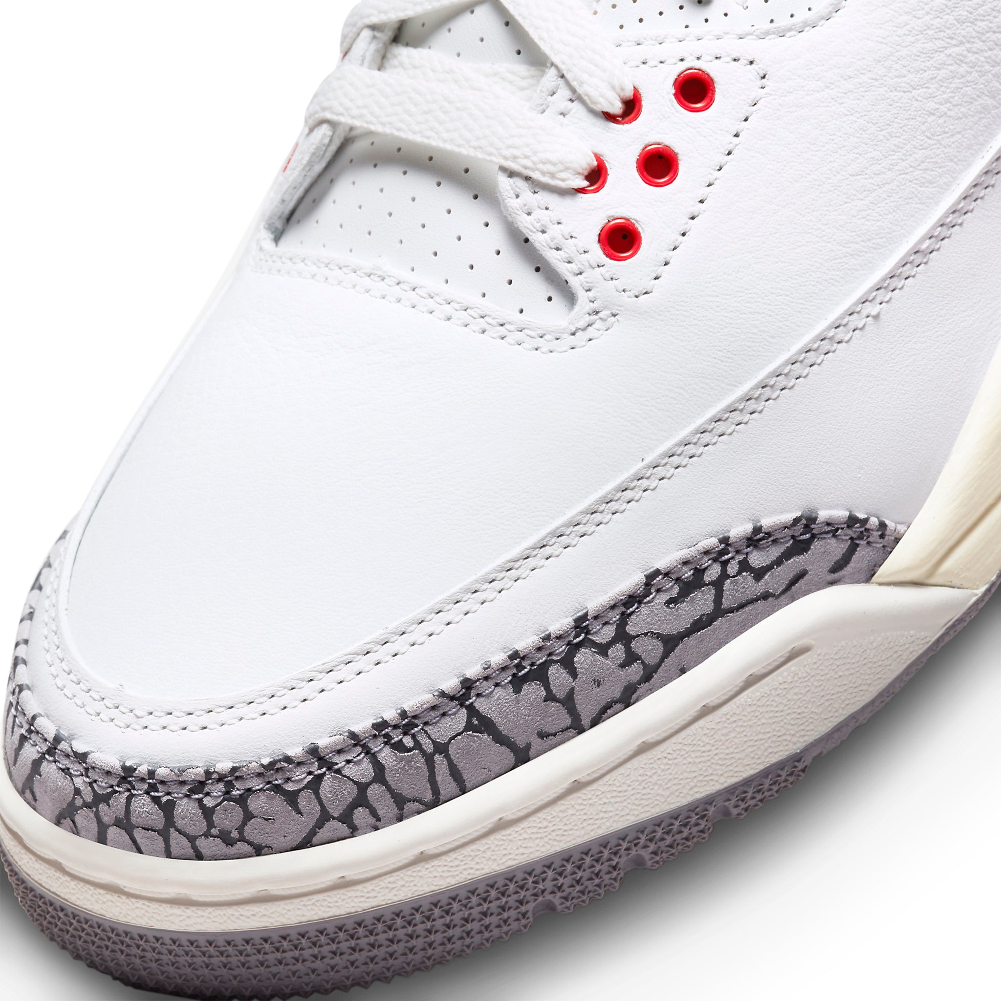 Toe box view of Air Jordan 3 Retro White Cement Reimagined DN3707-100