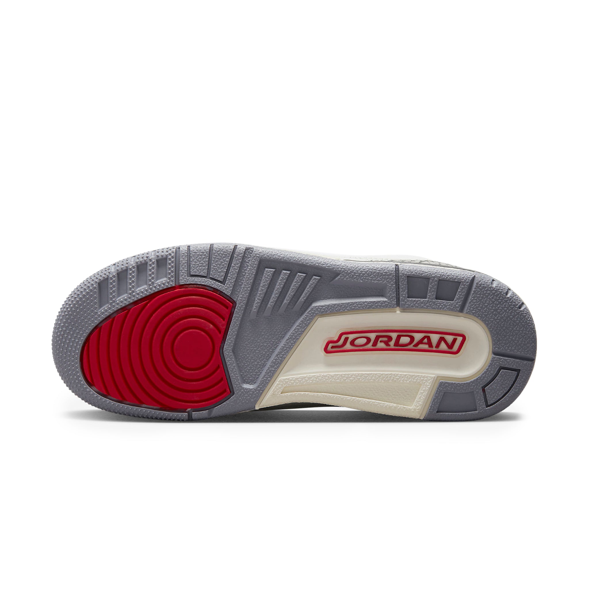 Sole view of Air Jordan 3 Retro White Cement Reimagined (GS) DM0967-100