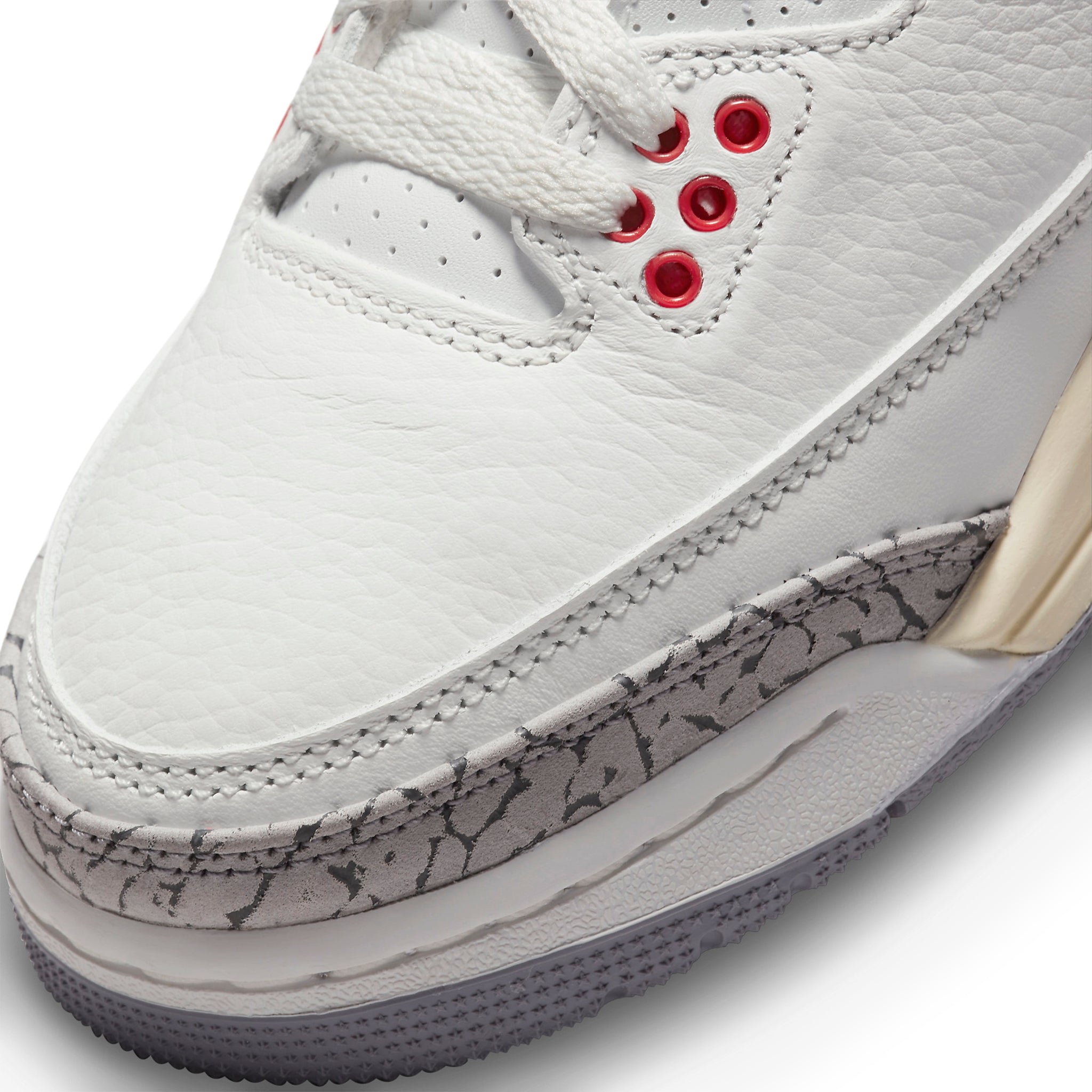 Toe box view of Air Jordan 3 Retro White Cement Reimagined (GS) DM0967-100