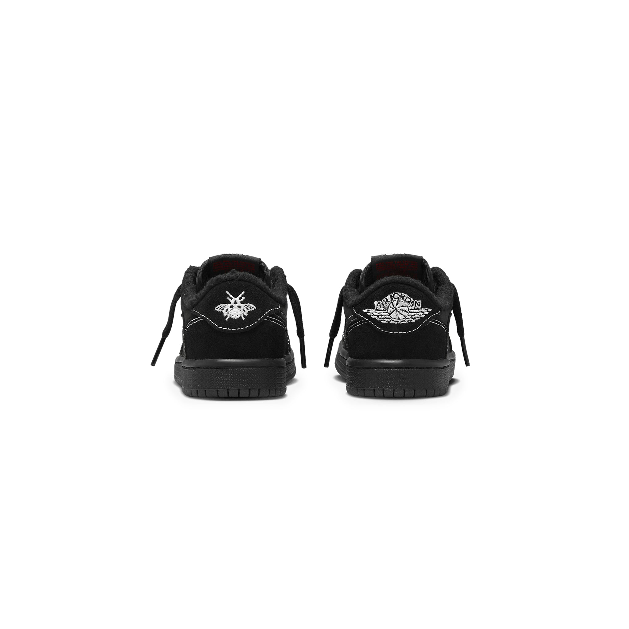 Heel view of Air Jordan X Travis Scott 1 Low OG SP Black Phantom (PS) DO5442-001