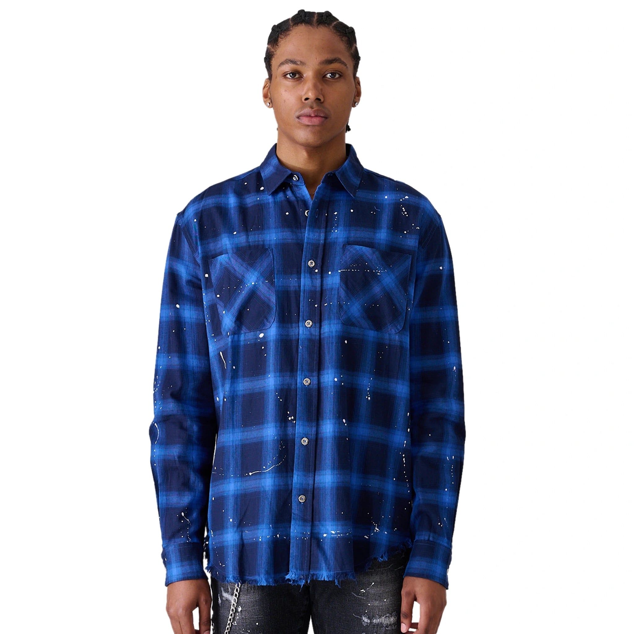 Model front view of Azat Mard Blue Check Flannel Shirt
