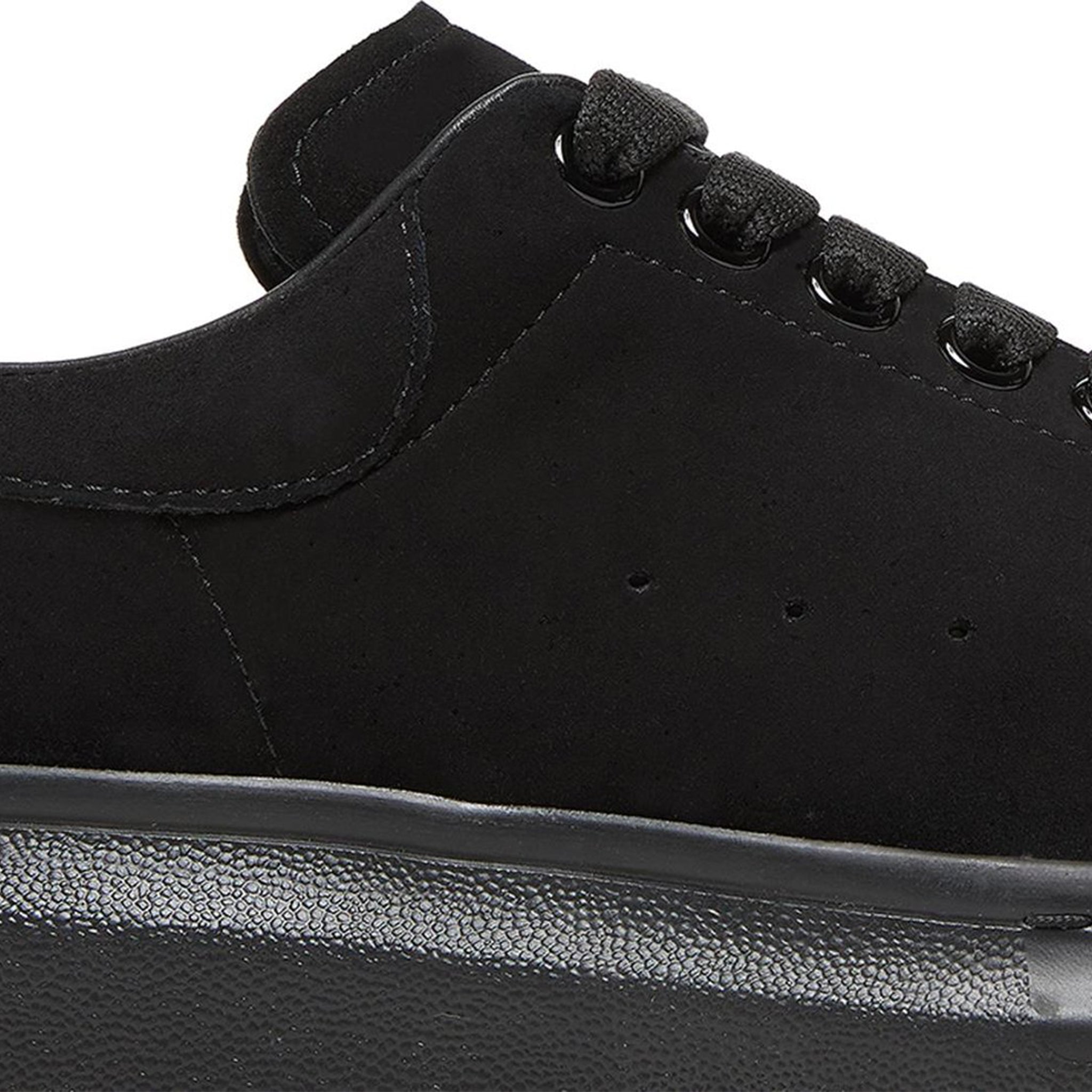 Detail view of Alexander Mcqueen Raised Sole Suede Triple Black Sneaker (W)