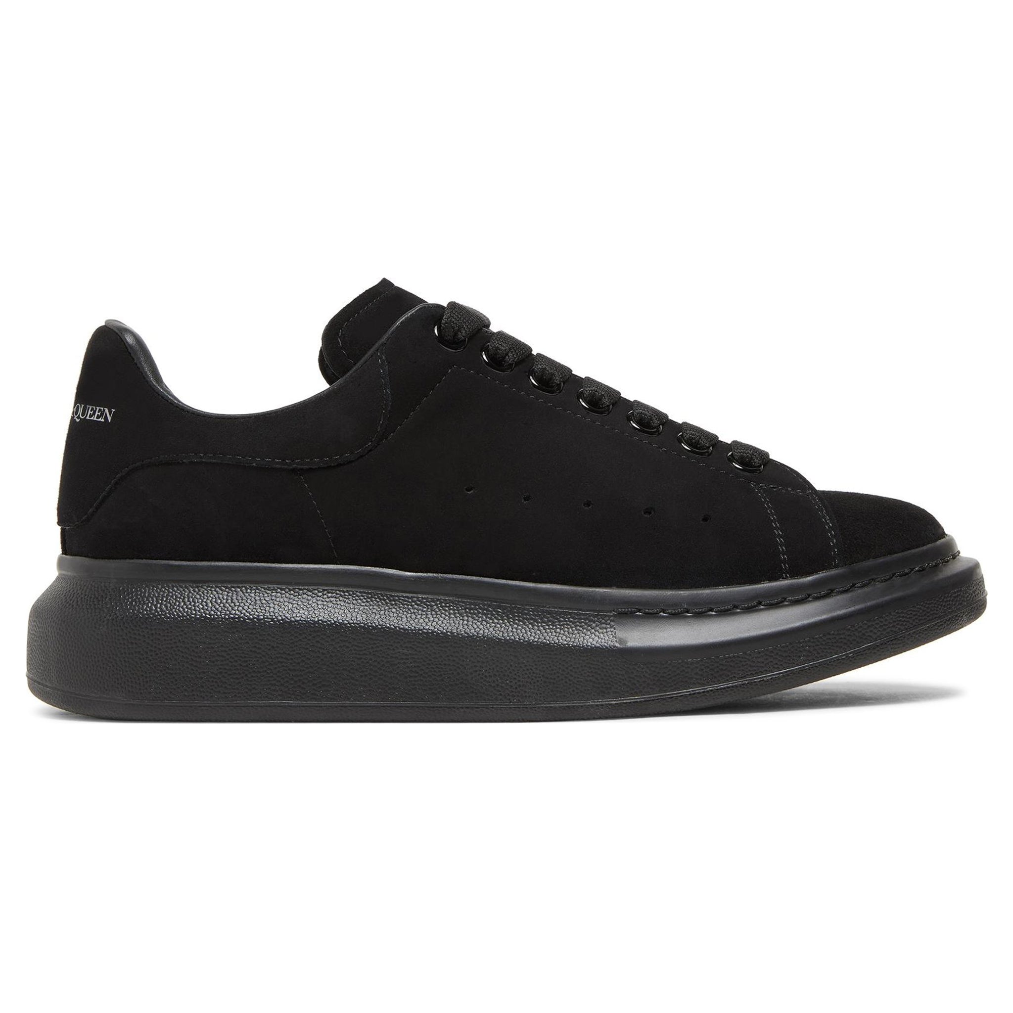 Side view of Alexander Mcqueen Raised Sole Suede Triple Black Sneaker (W)