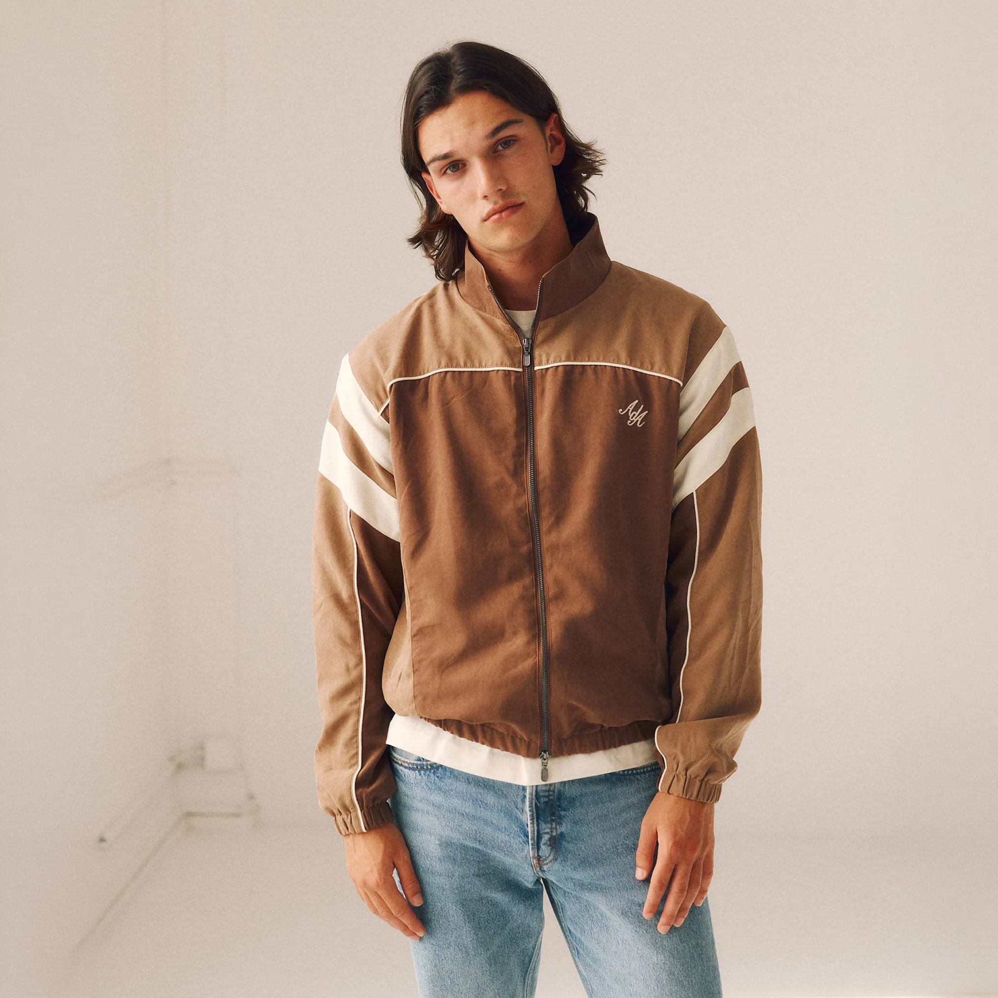 Model Front View of Alma De Ace Vestra Track Beige Jacket