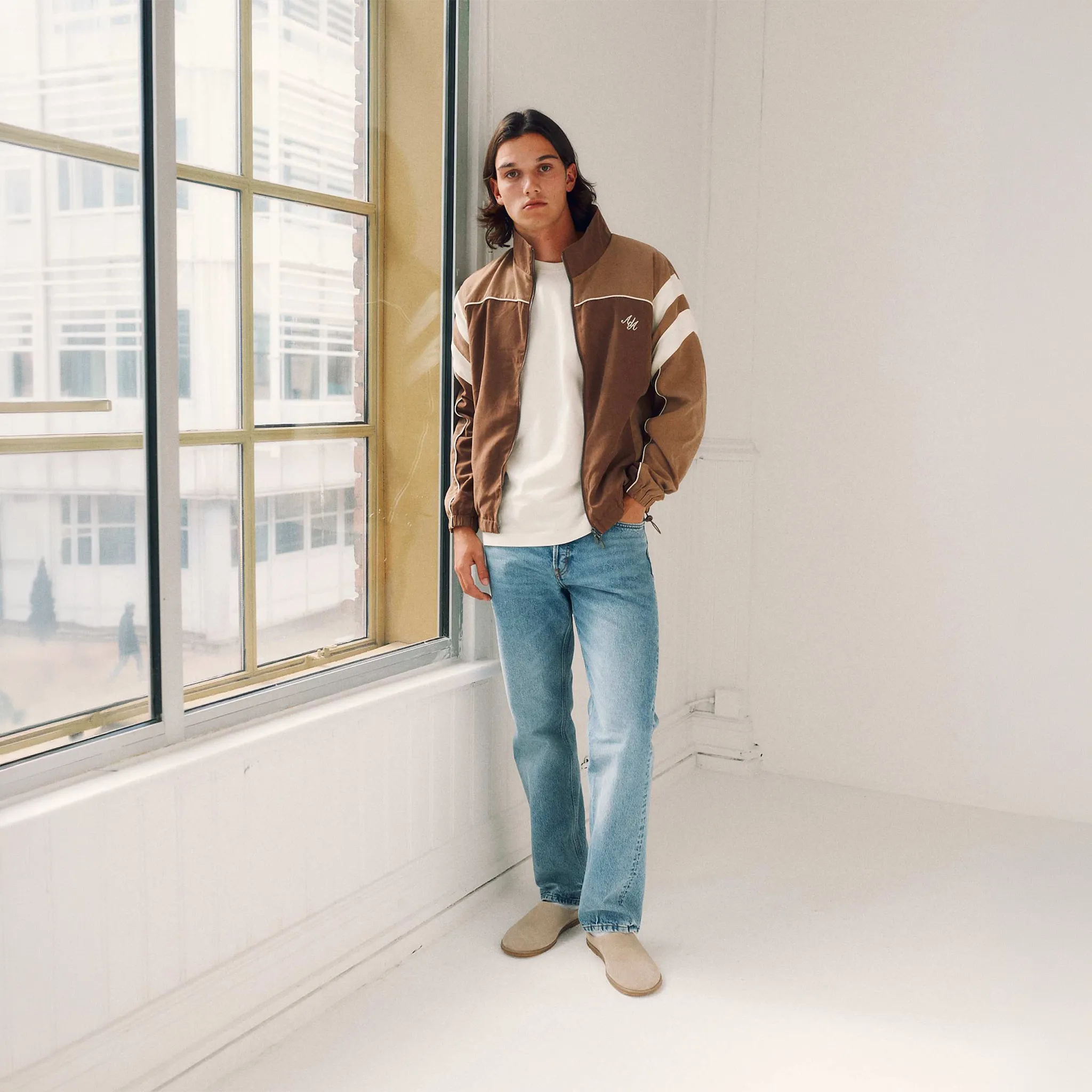 Front View of Alma De Ace Vestra Track Beige Jacket