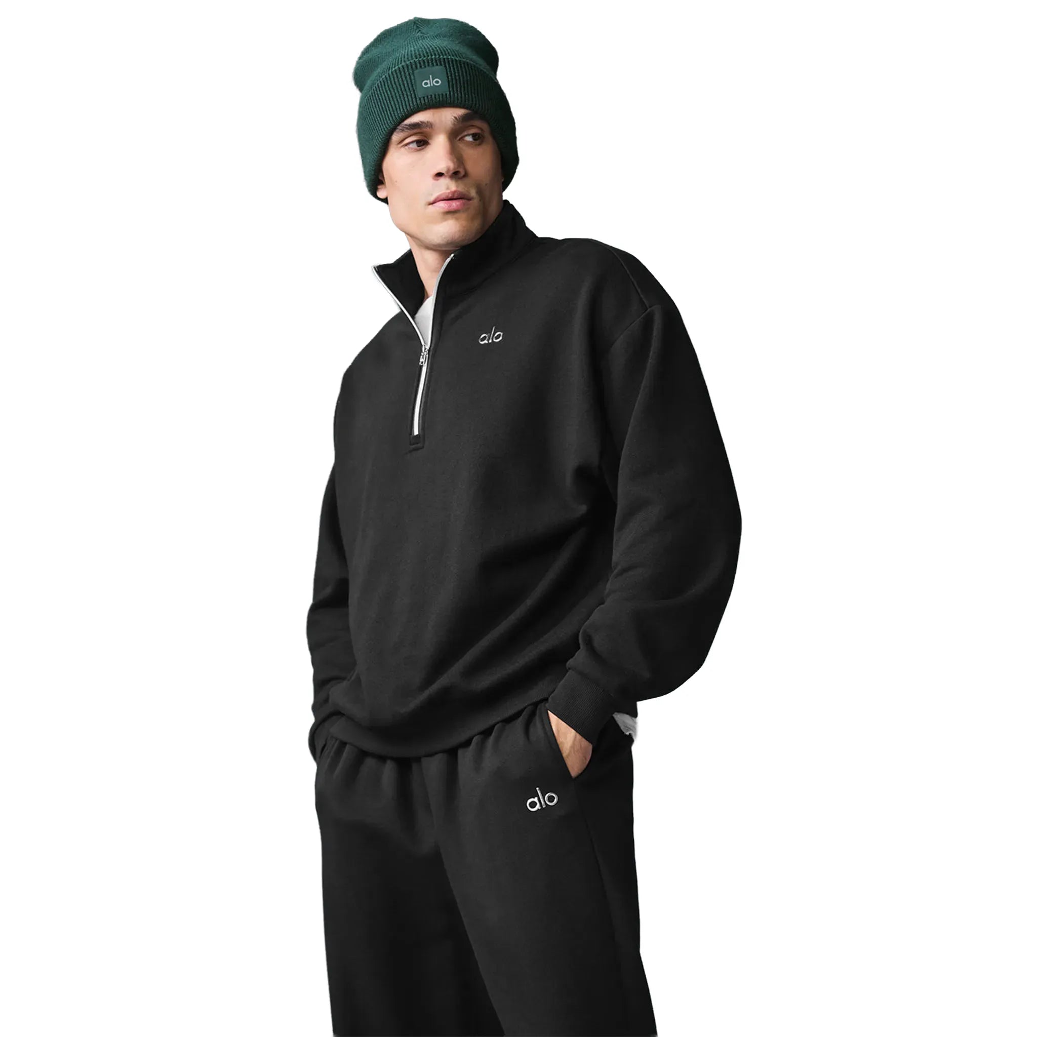 Front View of Alo Yoga Accolade 1/4 Zip Black Sweatshirt