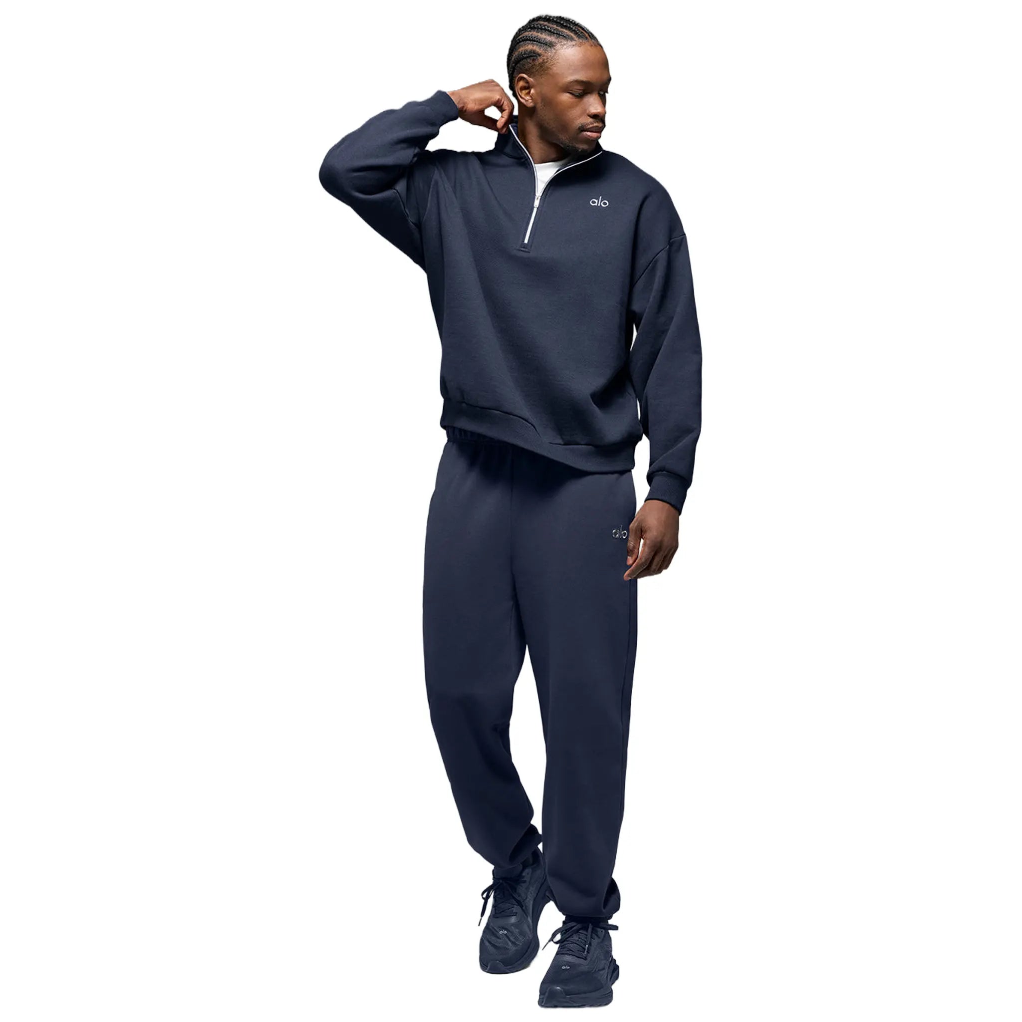 Model Front View of Alo Yoga Accolade 1/4 Zip Navy Sweatshirt