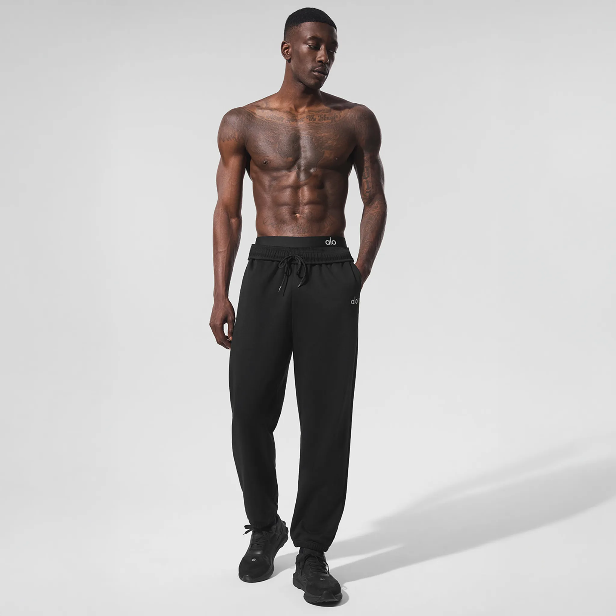 Model Front View of Alo Yoga Accolade Black Sweatpant