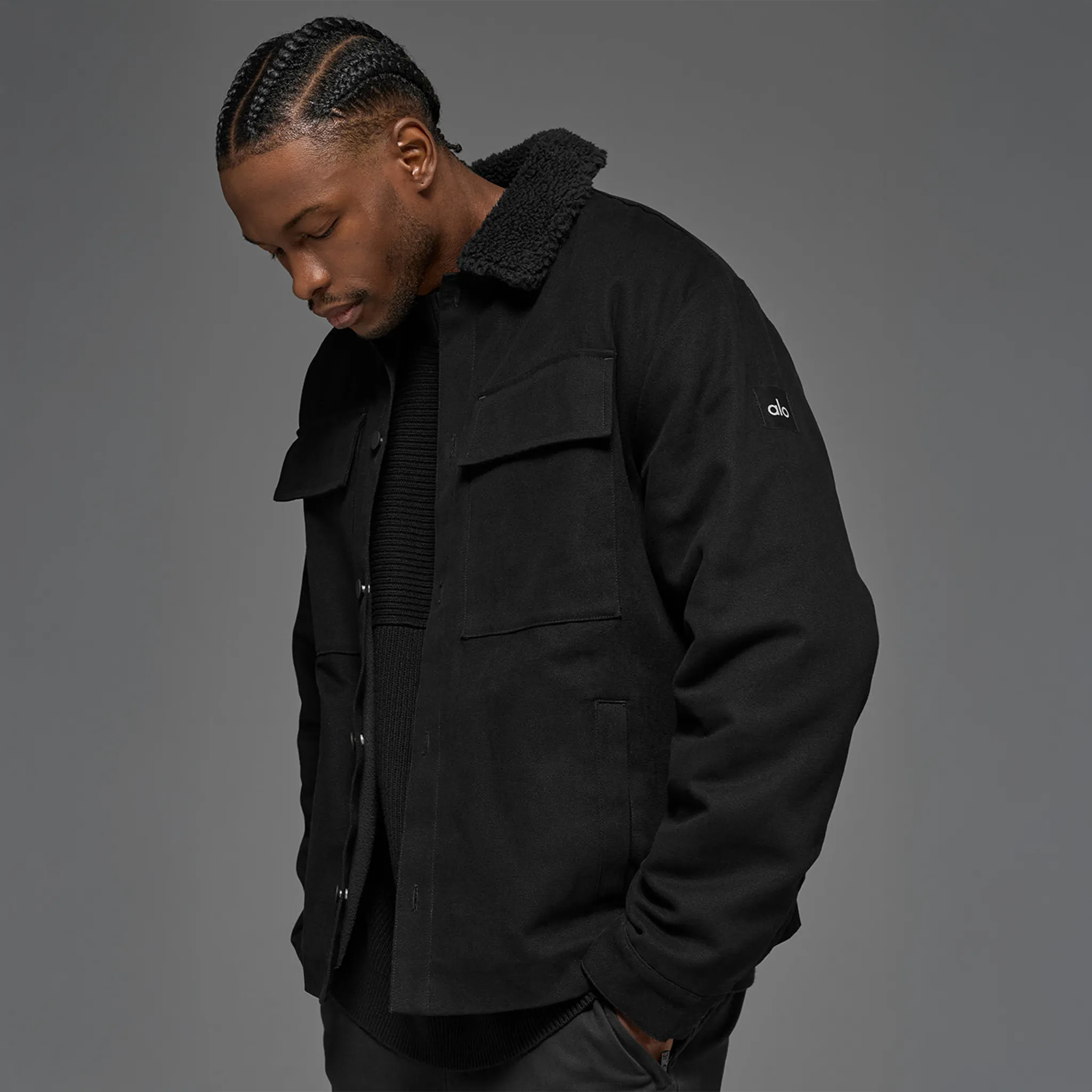 Front Side Alo Yoga Canvas Utility Black Shacket Jacket
