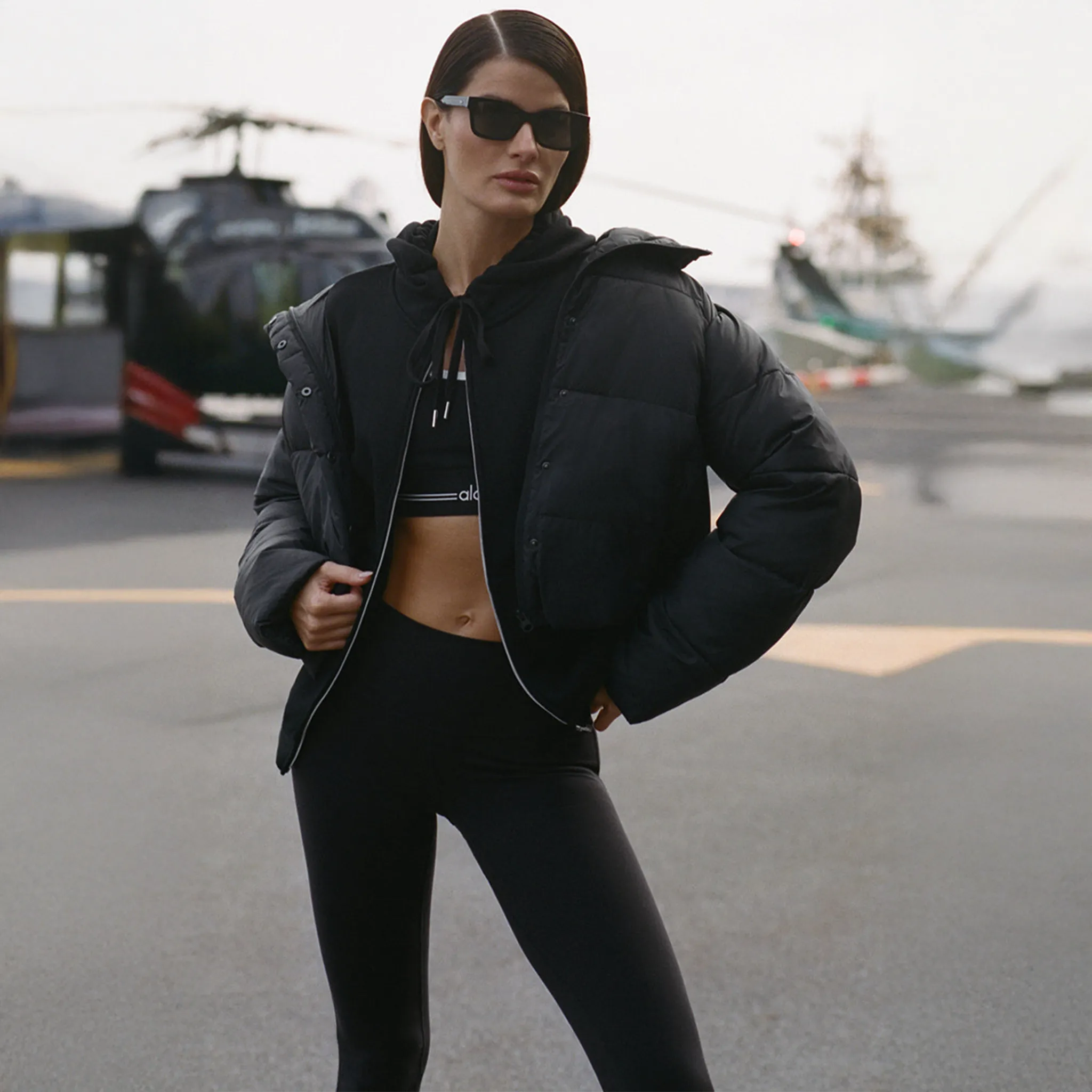 Model View of Alo Yoga Gold Rush Black Puffer Jacket (W)