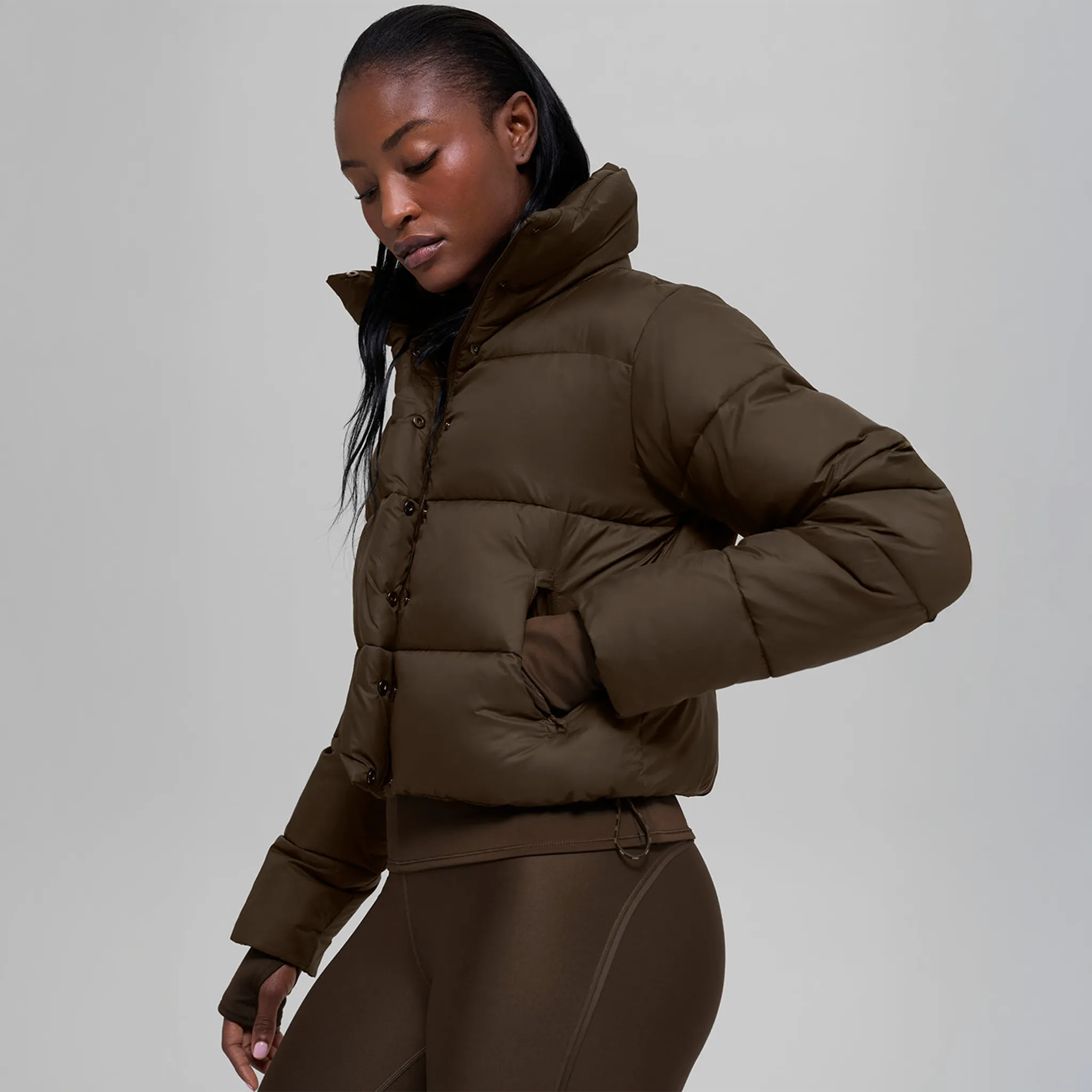 Front View of Alo Yoga Gold Rush Espresso Puffer Jacket (W)