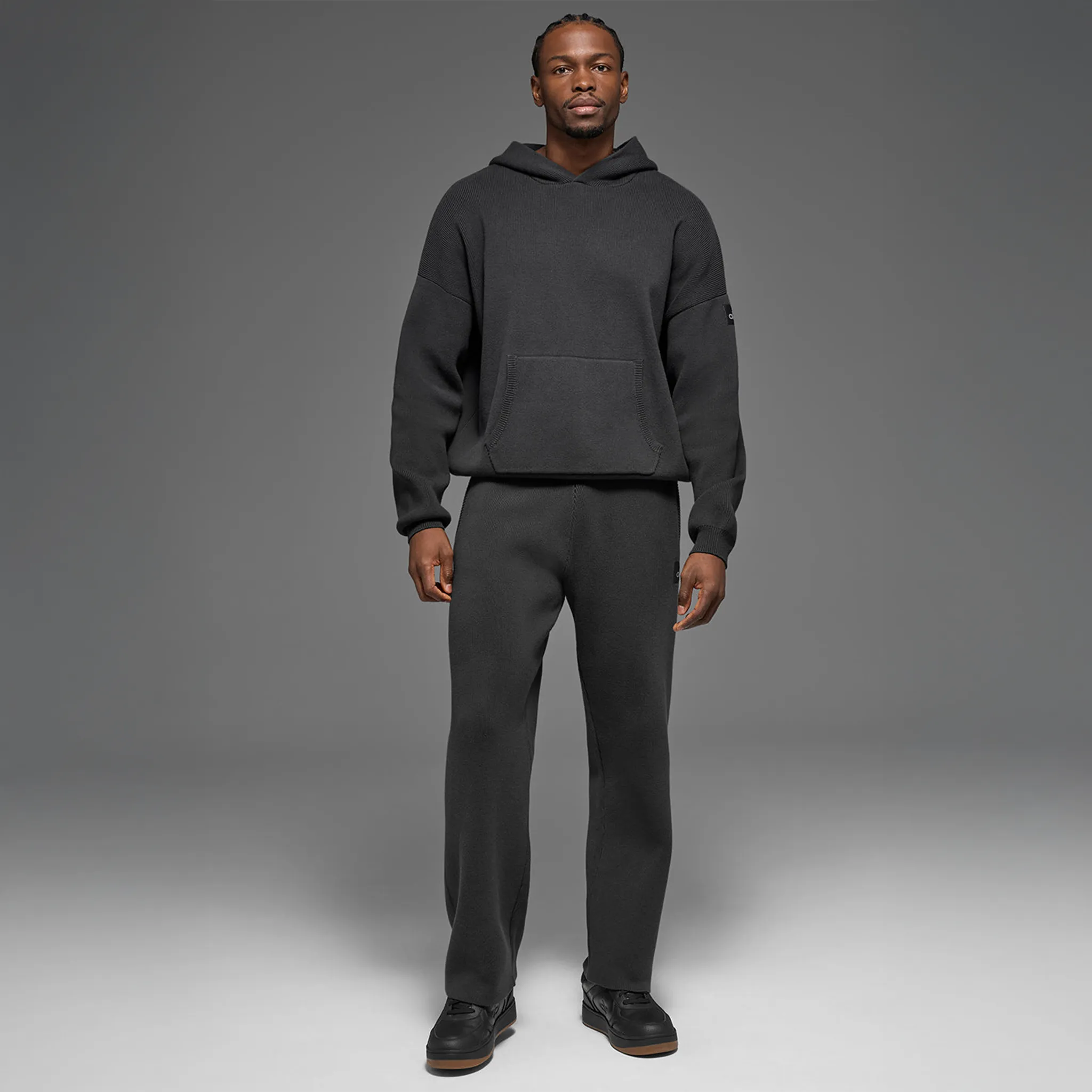 Model Front View of Alo Yoga Scholar Anthracite Hoodie