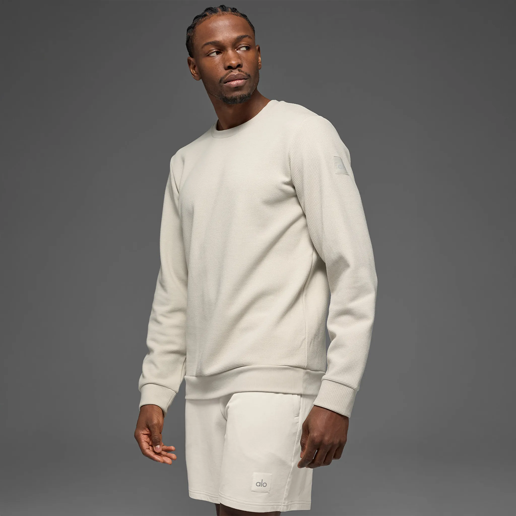 Front View of Alo Yoga Waffle Lounge Bone Crewneck