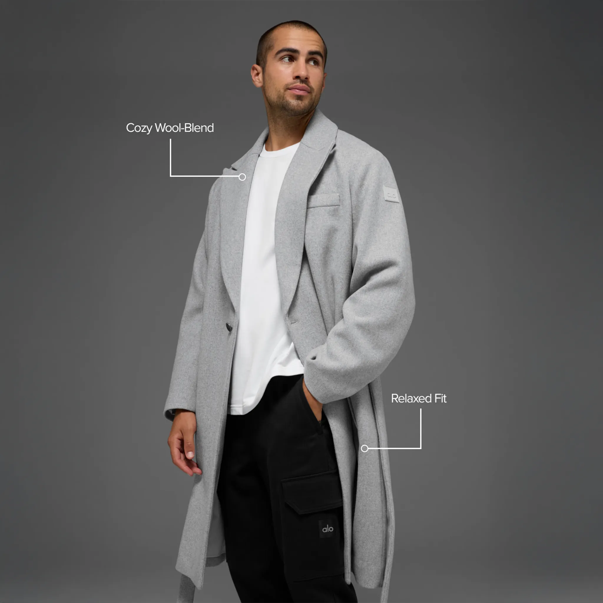Front Side View of Alo Yoga Wool Gameday Athletic Heather Grey Overcoat
