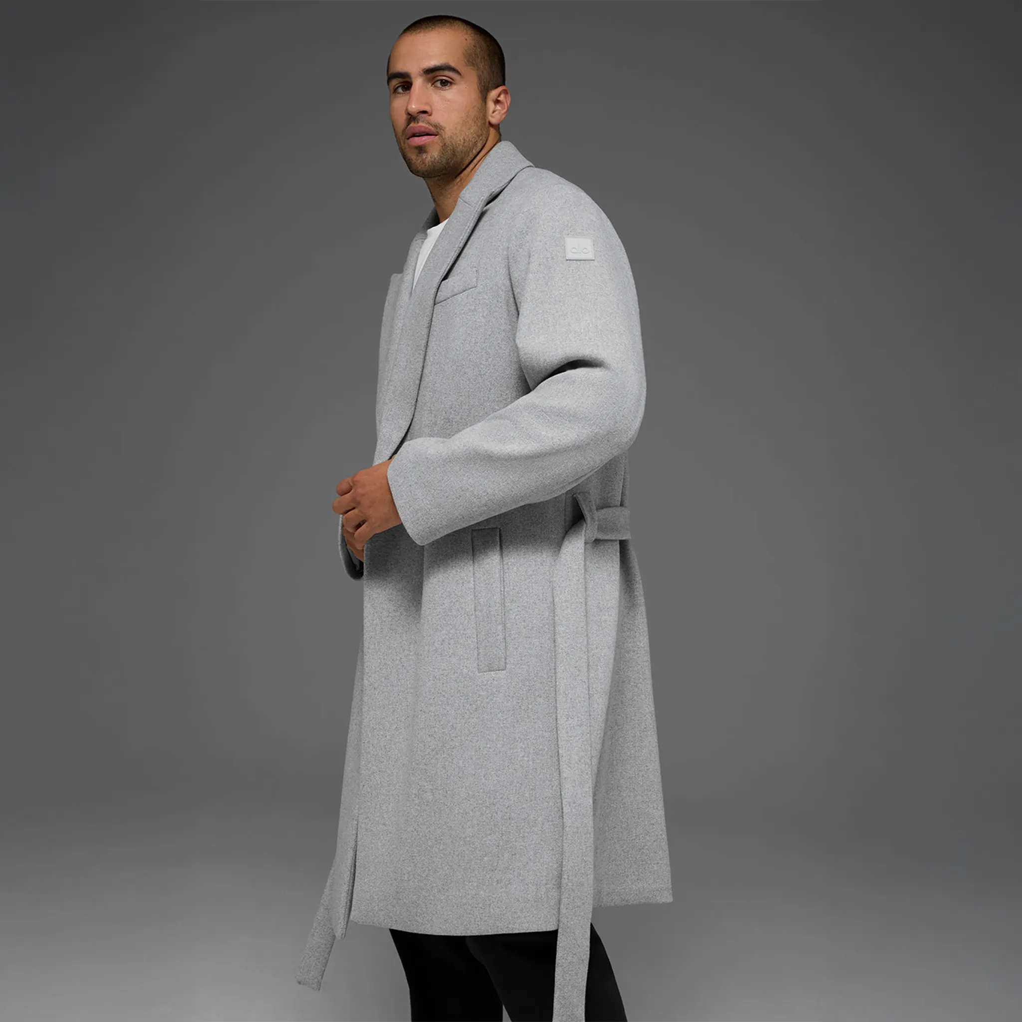 Front Side View of Alo Yoga Wool Gameday Athletic Heather Grey Overcoat