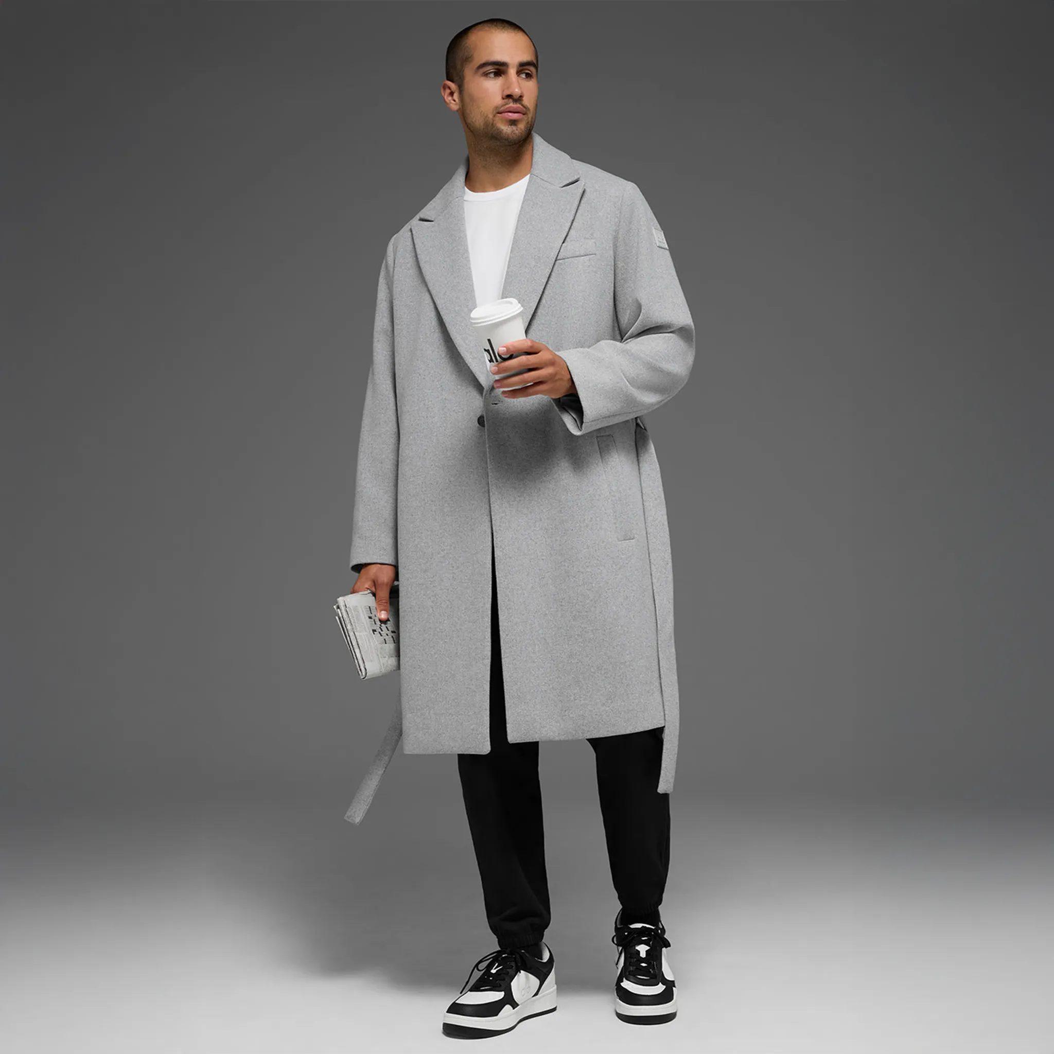 Front View of Alo Yoga Wool Gameday Athletic Heather Grey Overcoat