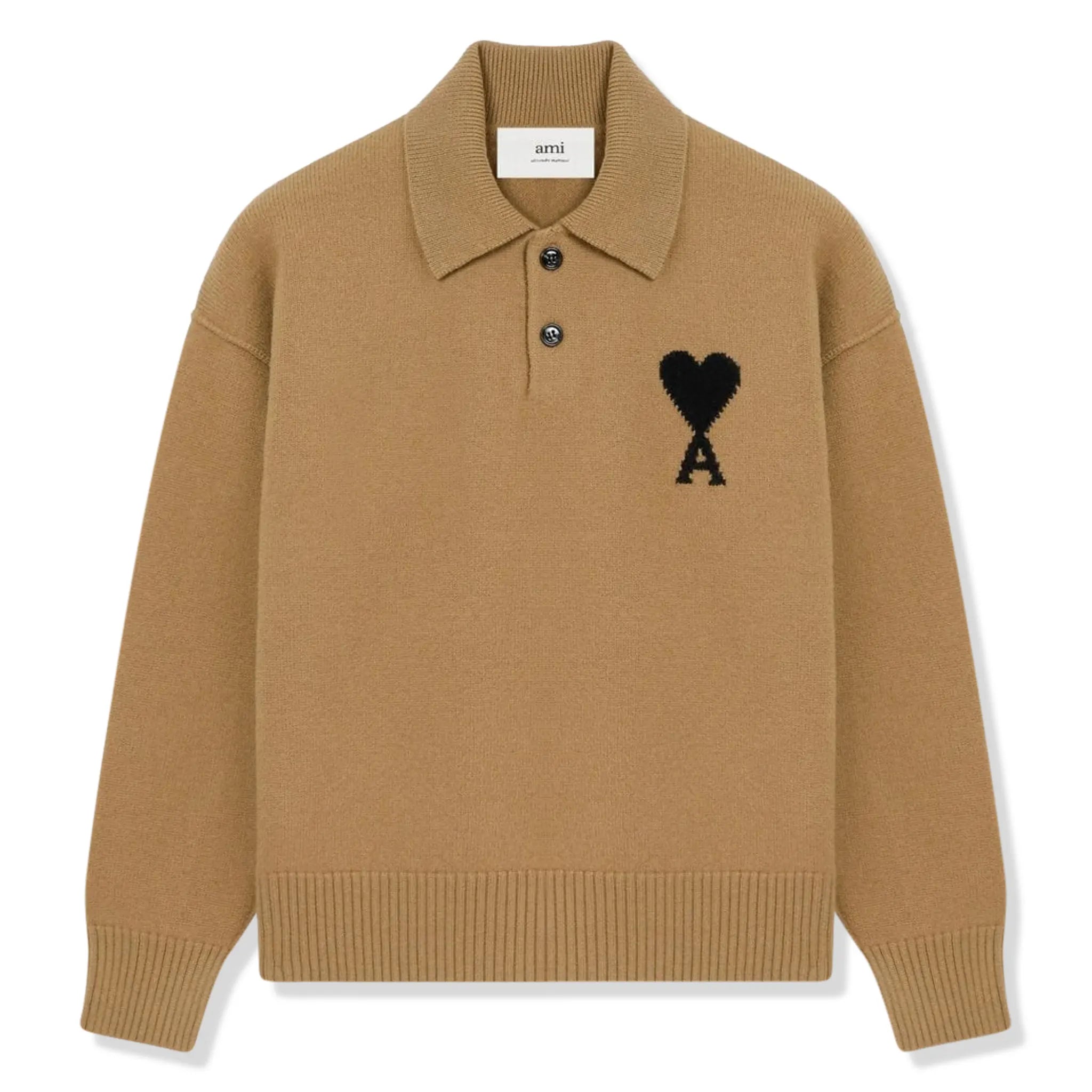 Front View of Ami Paris ADC Knitted Tan Polo Sweatshirt UPL409-018-288