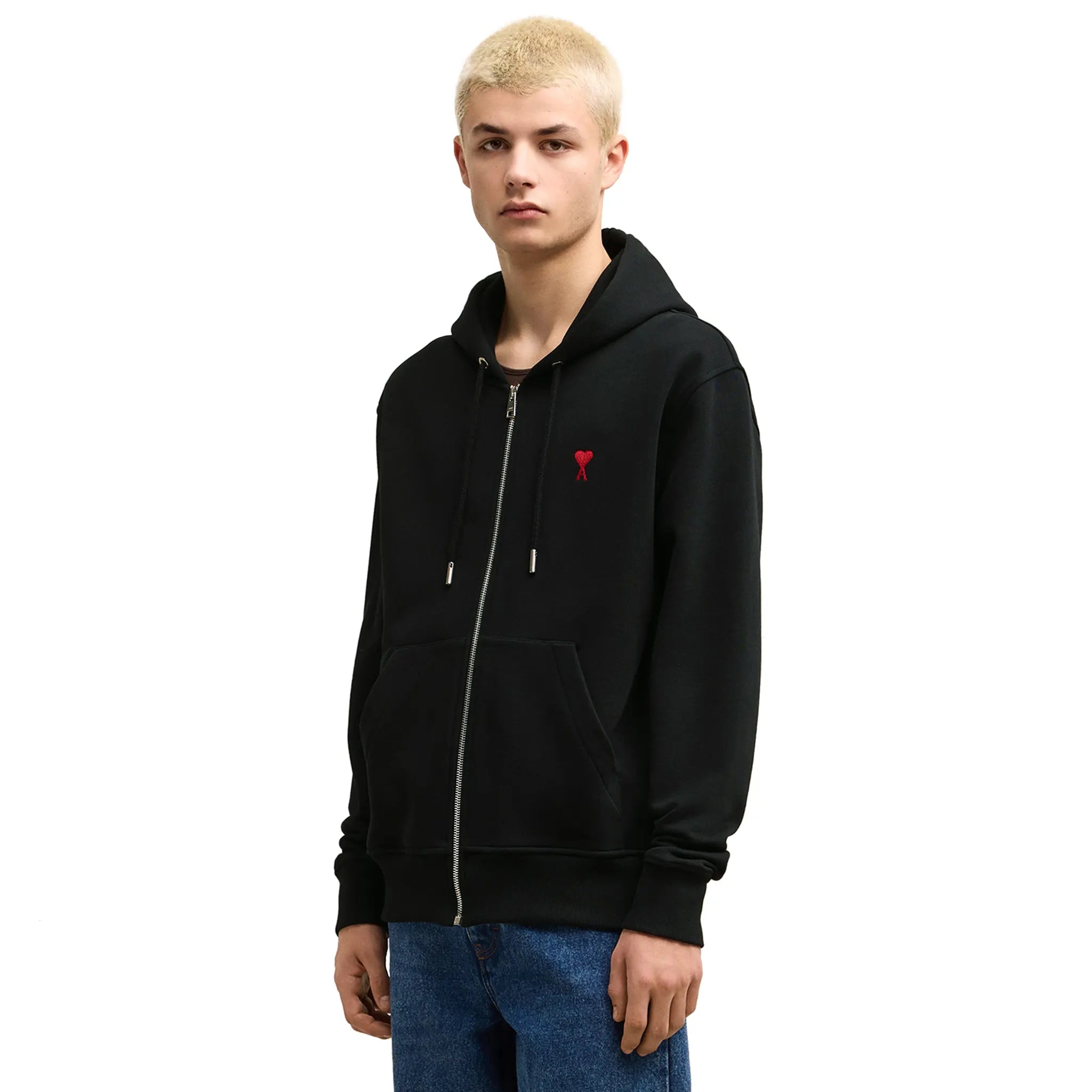 Model side view of Ami Paris Ami De Coeur Cotton Black Zip-Up Hoodie USW415747001