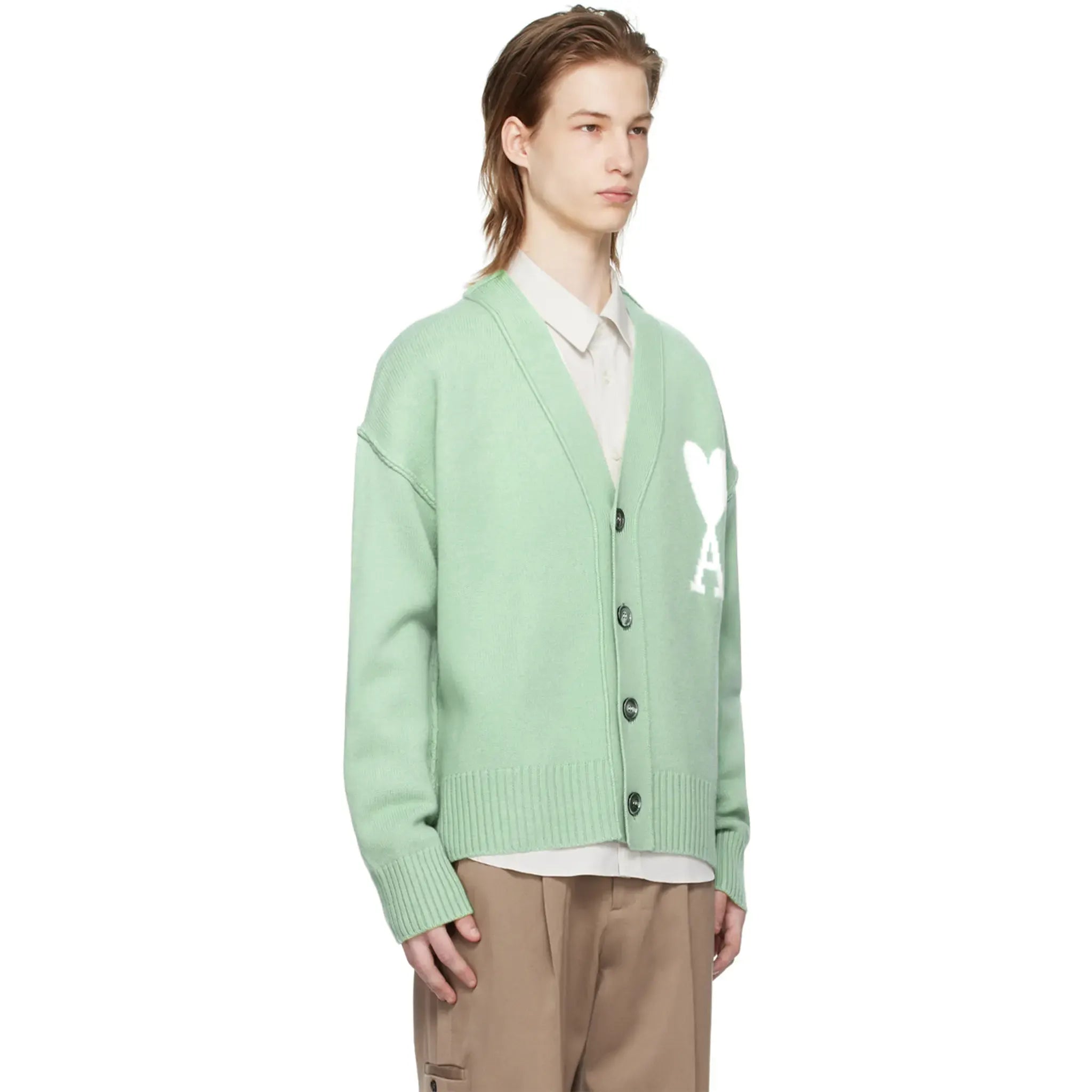 Model front view of Ami Paris Ami De Coeur Green Cardigan