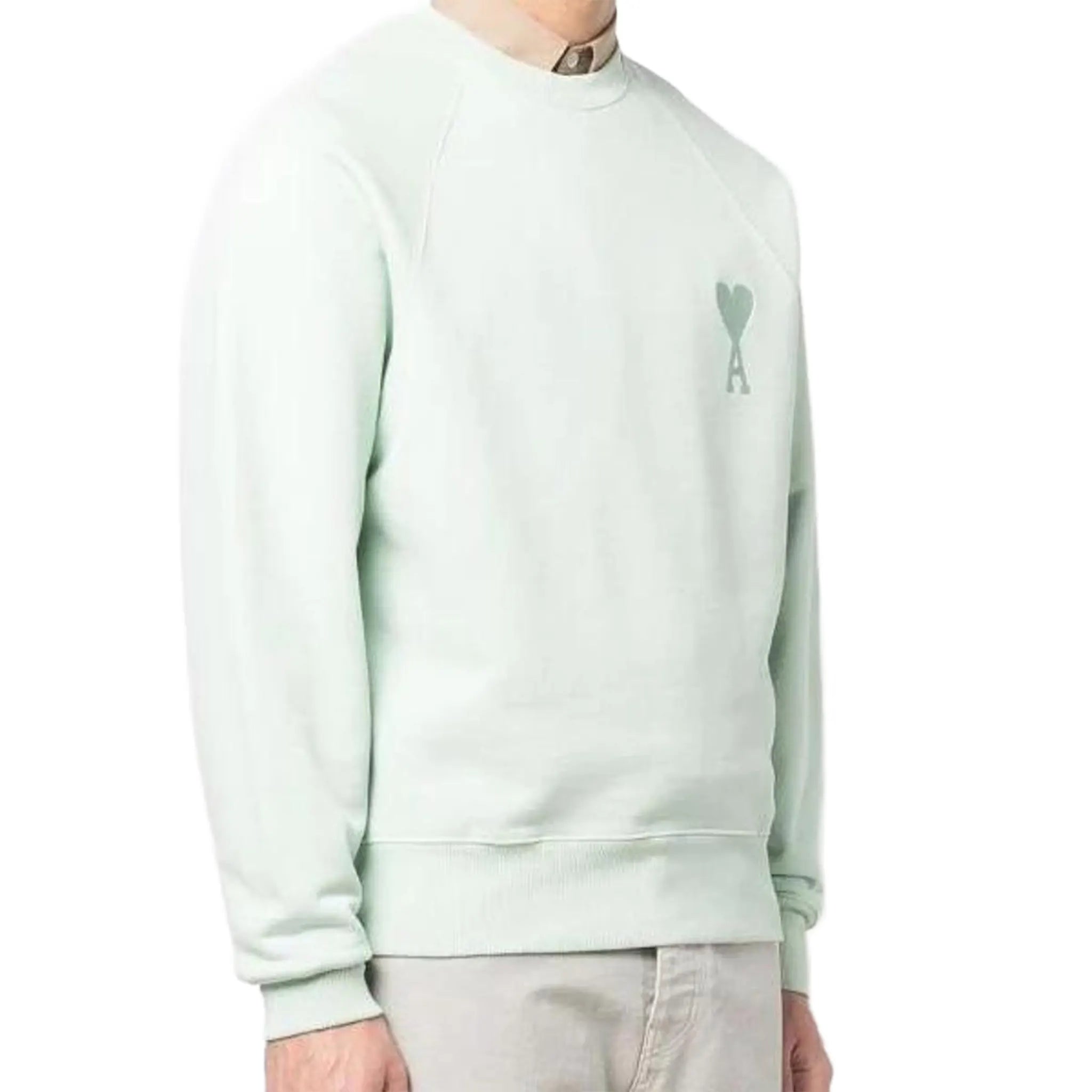 Front Side View of Ami Paris Ami De Coeur Tonal Aqua Green Sweatshirt USW002747-441