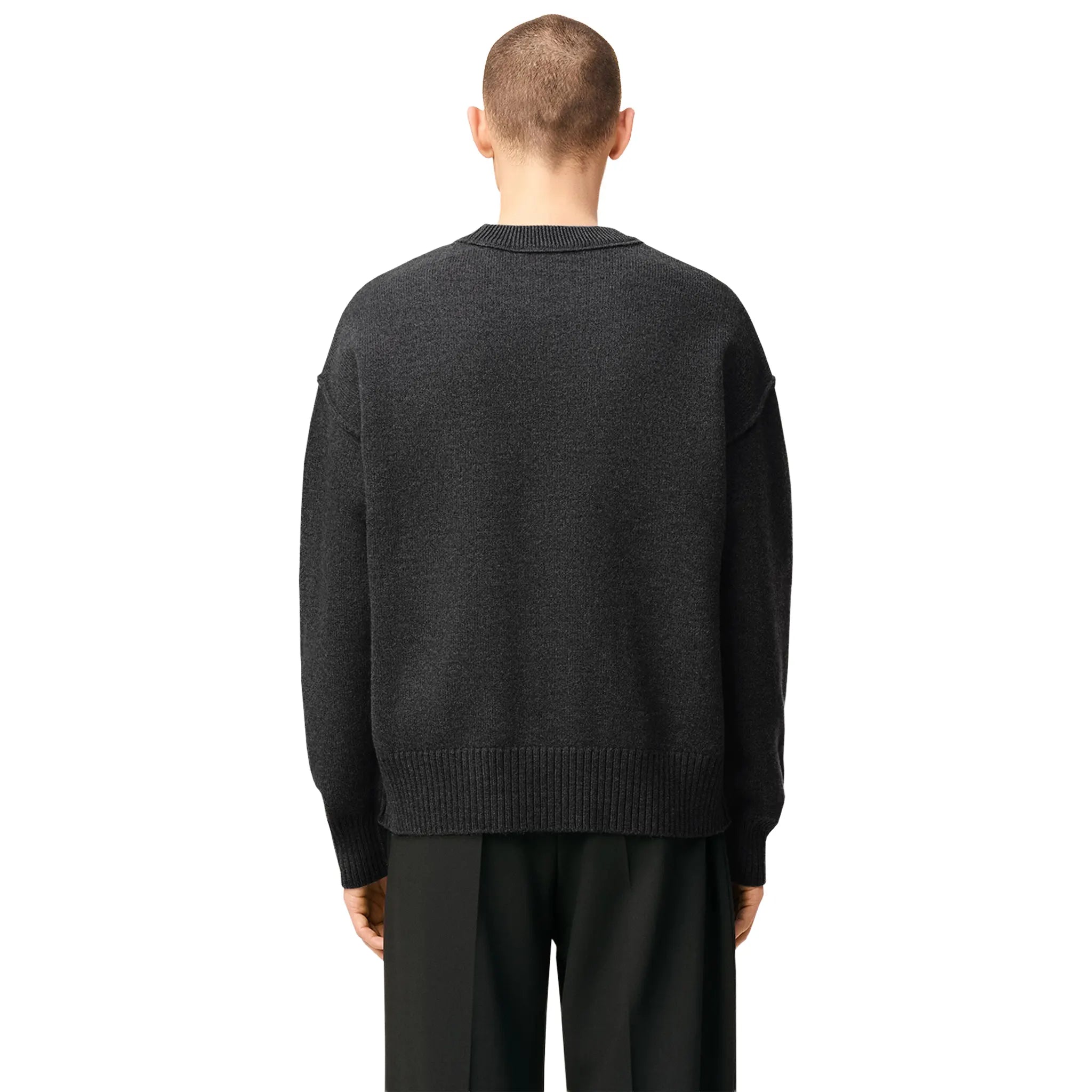 Back View of Ami Paris Ami De Coeur Wool Heather Grey Black Crewneck Sweater UKS838-018-0504