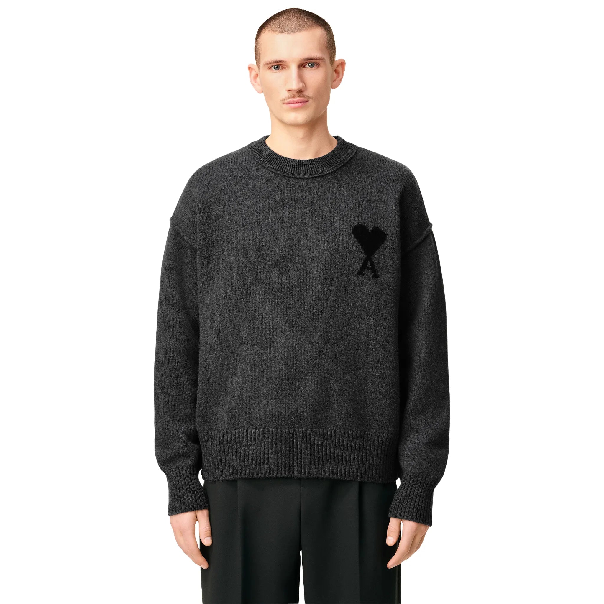 Front View of Ami Paris Ami De Coeur Wool Heather Grey Black Crewneck Sweater UKS838-018-0504