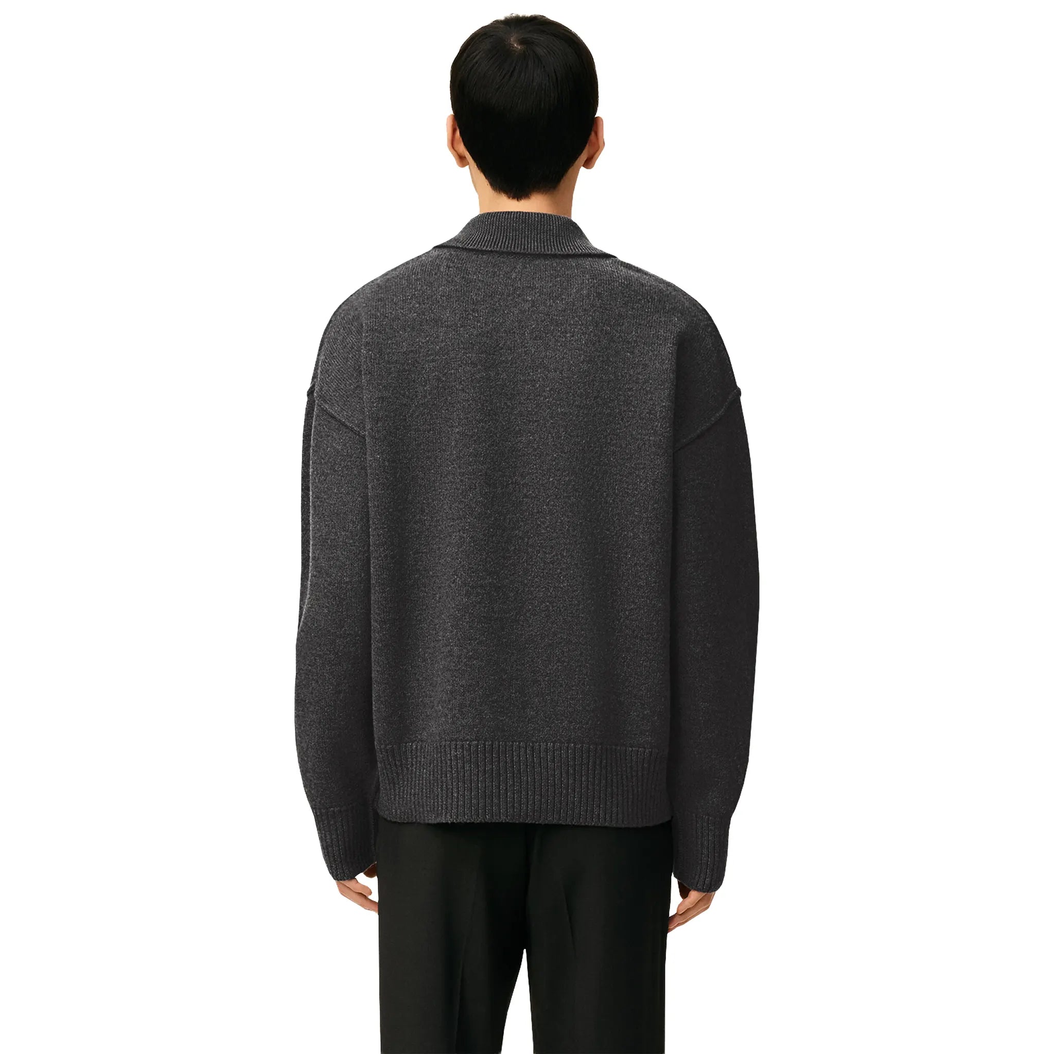 Back View of Ami Paris Ami De Coeur Wool Heather Grey Black Polo Sweatshirt UPL409018-0504