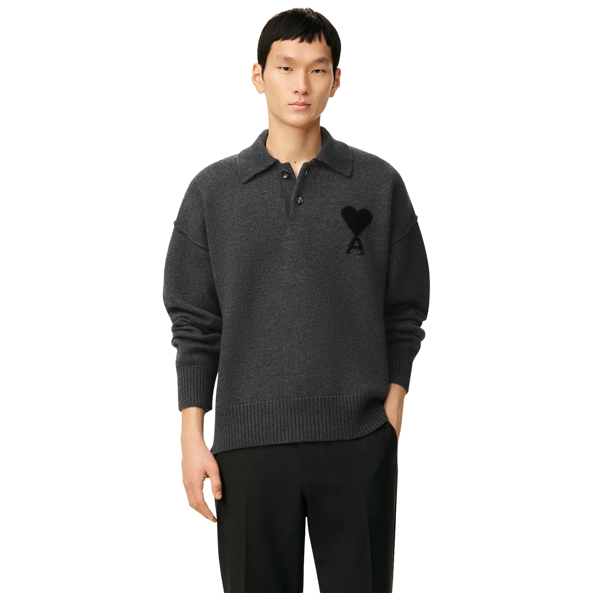 Front View of Ami Paris Ami De Coeur Wool Heather Grey Black Polo Sweatshirt UPL409018-0504