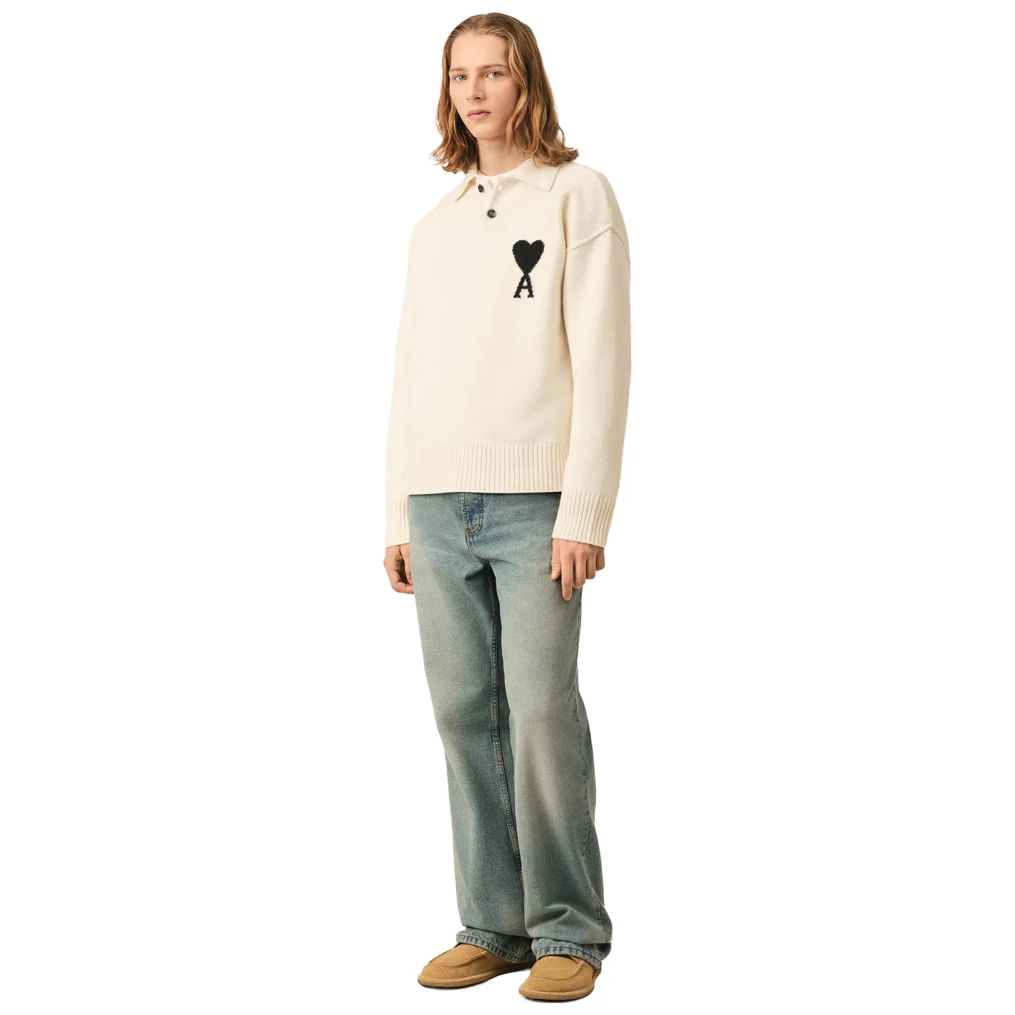 Front Side View of Ami Paris Ami De Coeur Wool Heather Off White Black Polo Sweatshirt