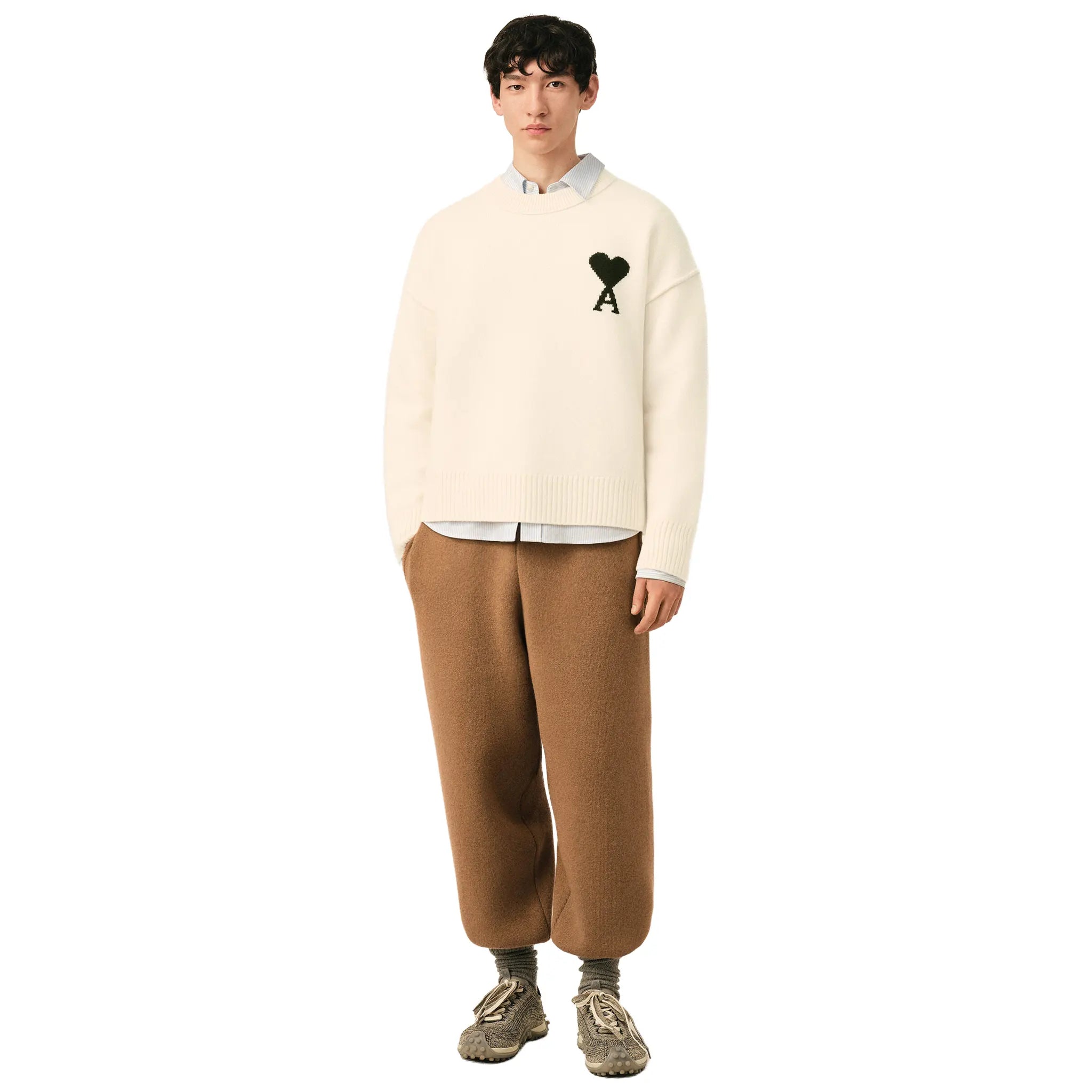 Front View of Ami Paris Ami De Coeur Wool Heather Off White Black Sweatshirt