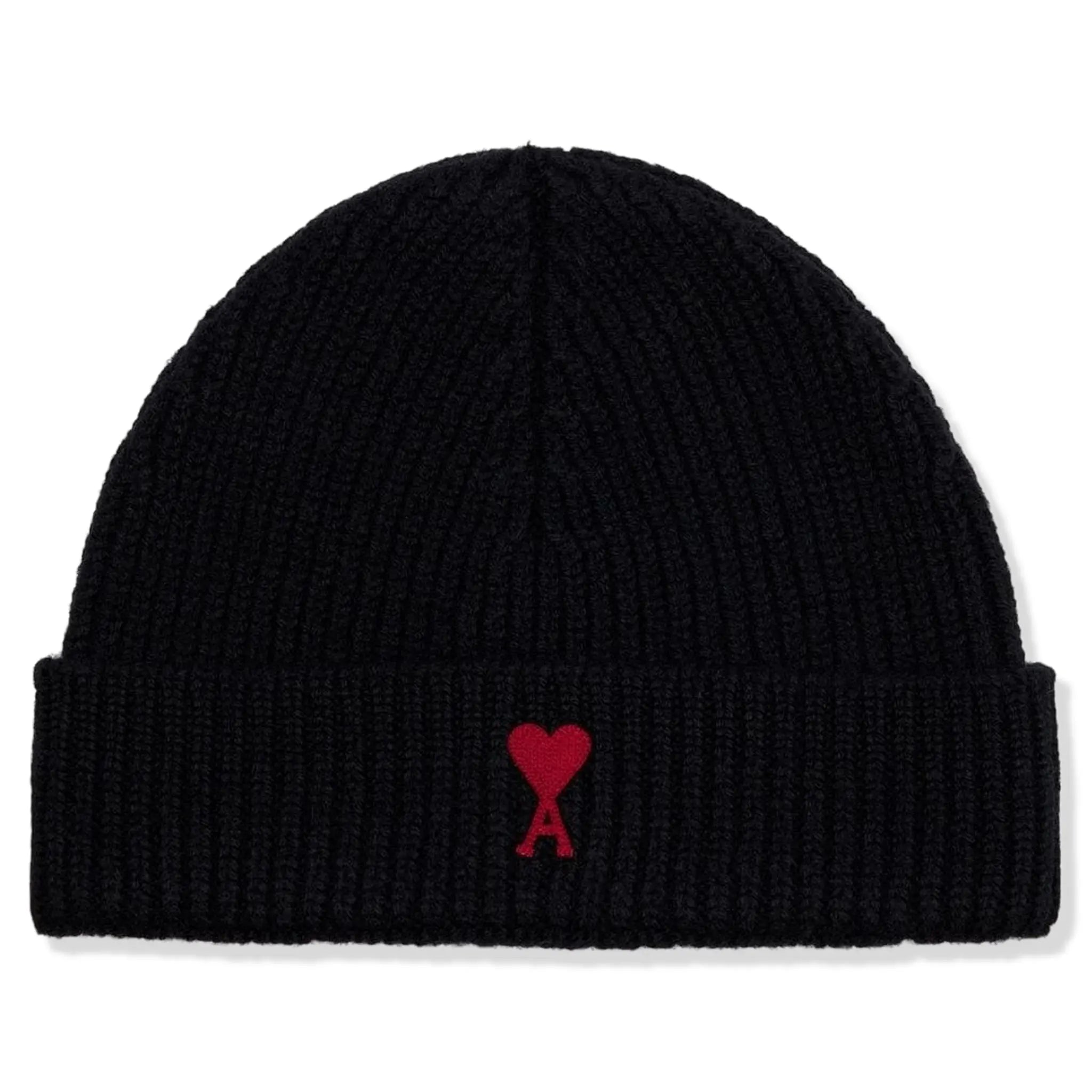 Front view of Ami Paris Red ADC Black Beanie Hat h23bfuha106018