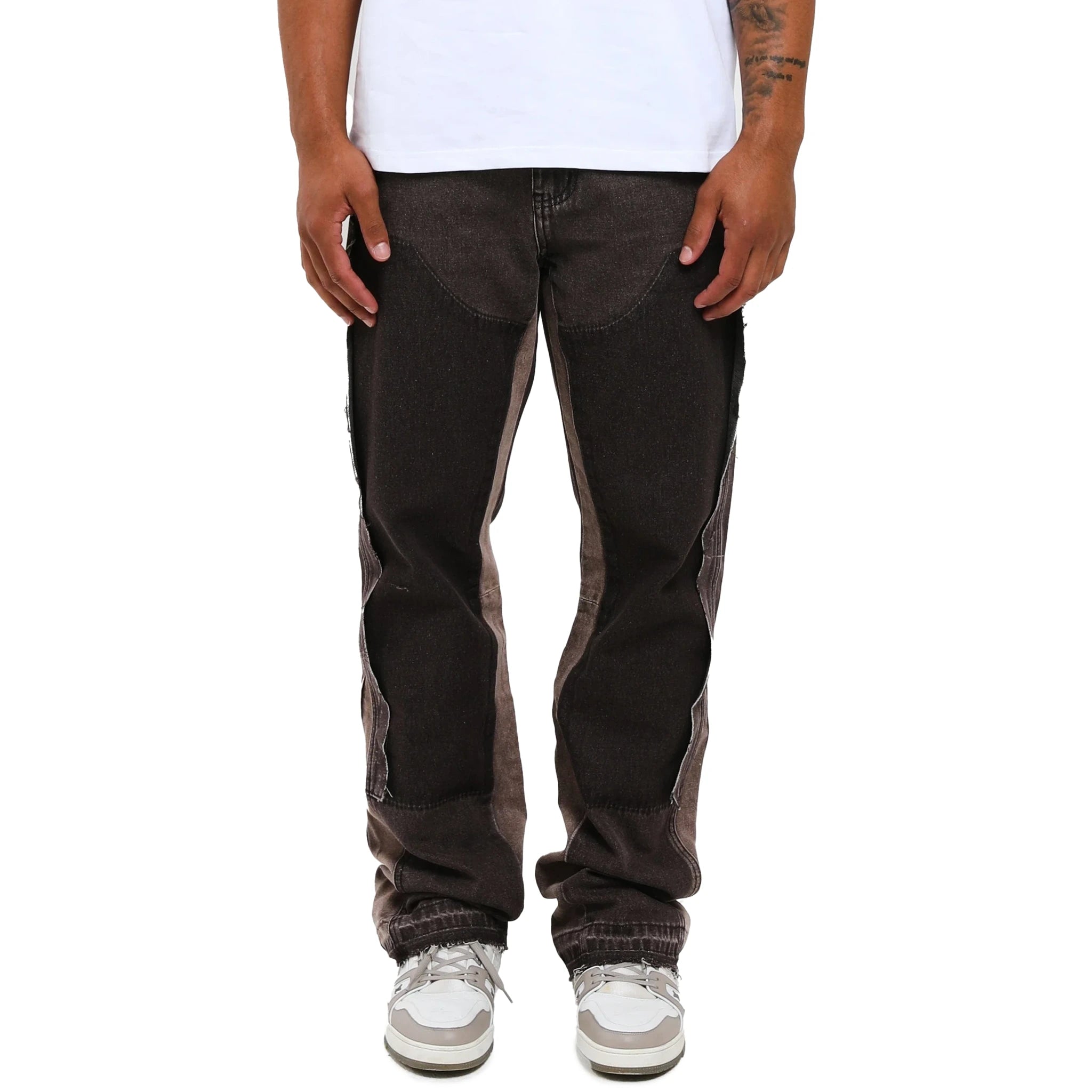 Model Front view of Amicci Adrano Flare Jeans Taupe AMJ01TAU