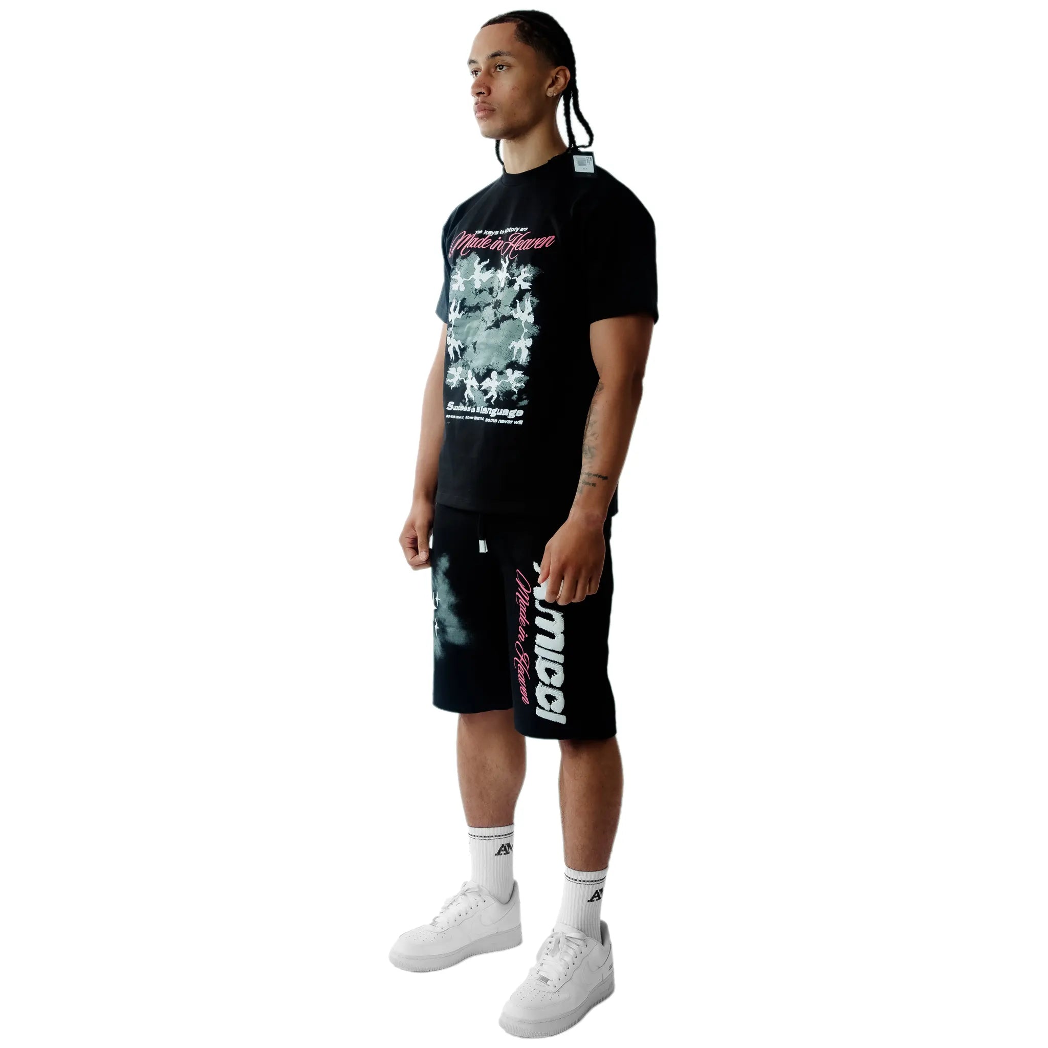 Model Side Detail view of Amicci Angeli Graphic Black Shorts