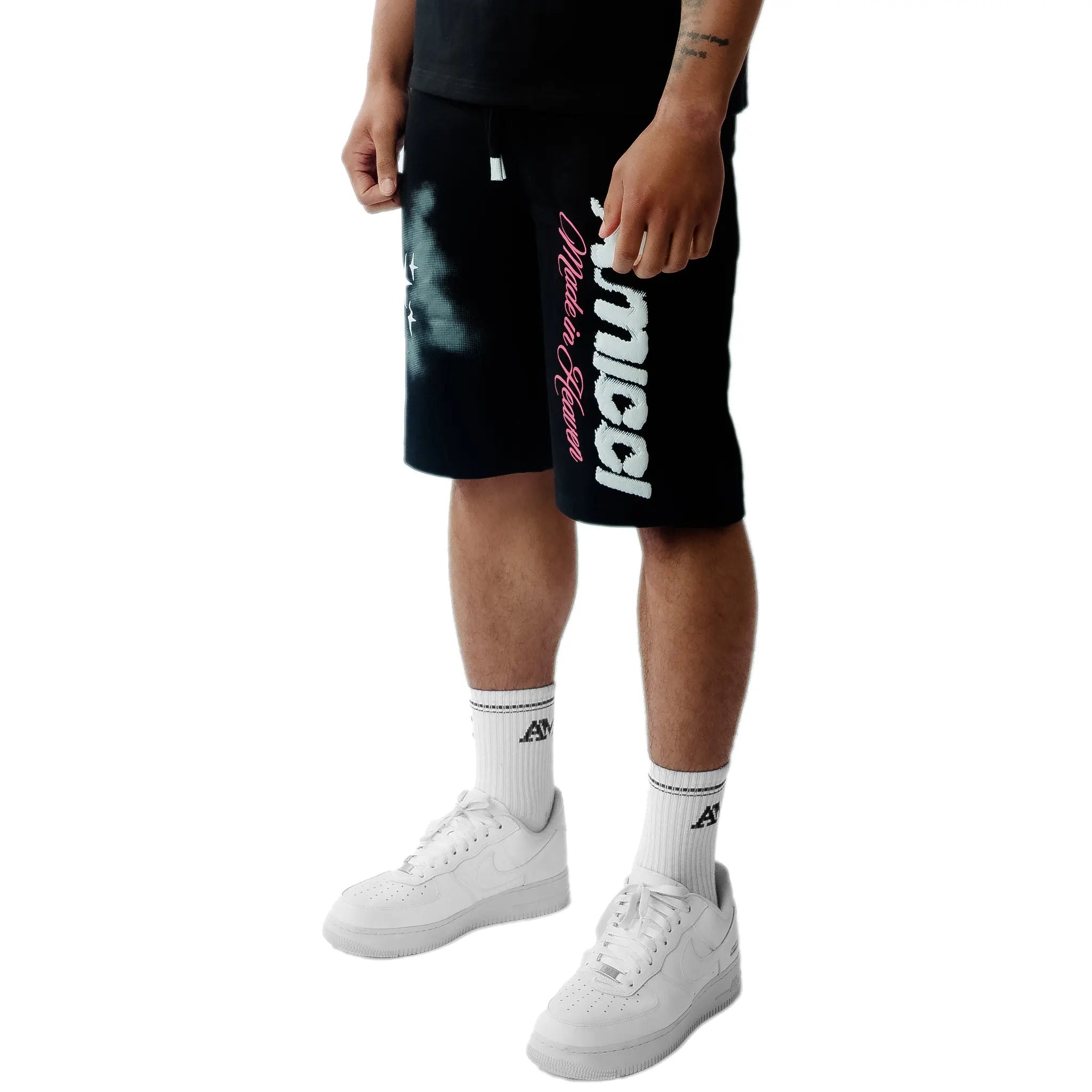 Side Detail view of Amicci Angeli Graphic Black Shorts