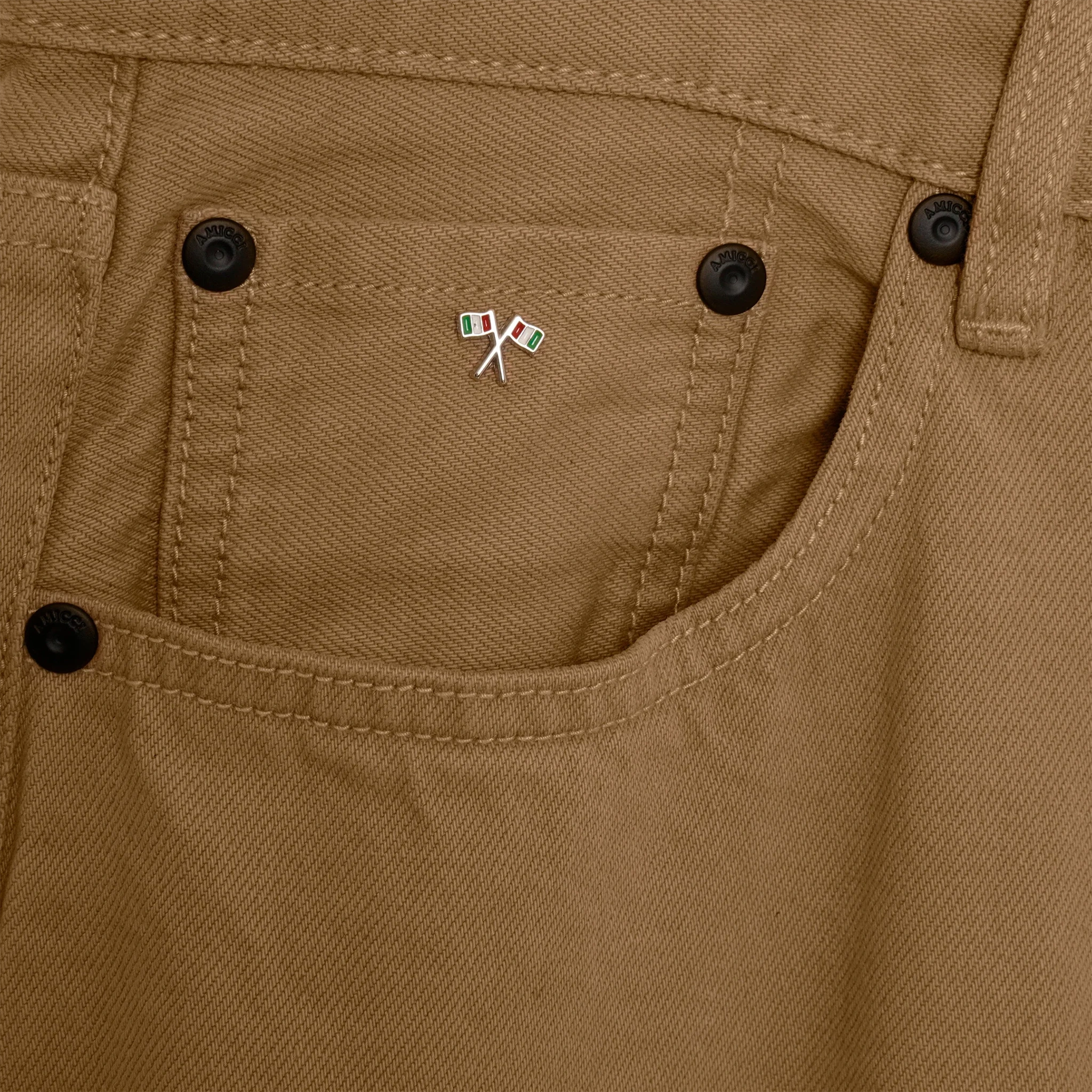 Detail view of Amicci Axel Contrast Panel Jeans Tan AMJ08SAN